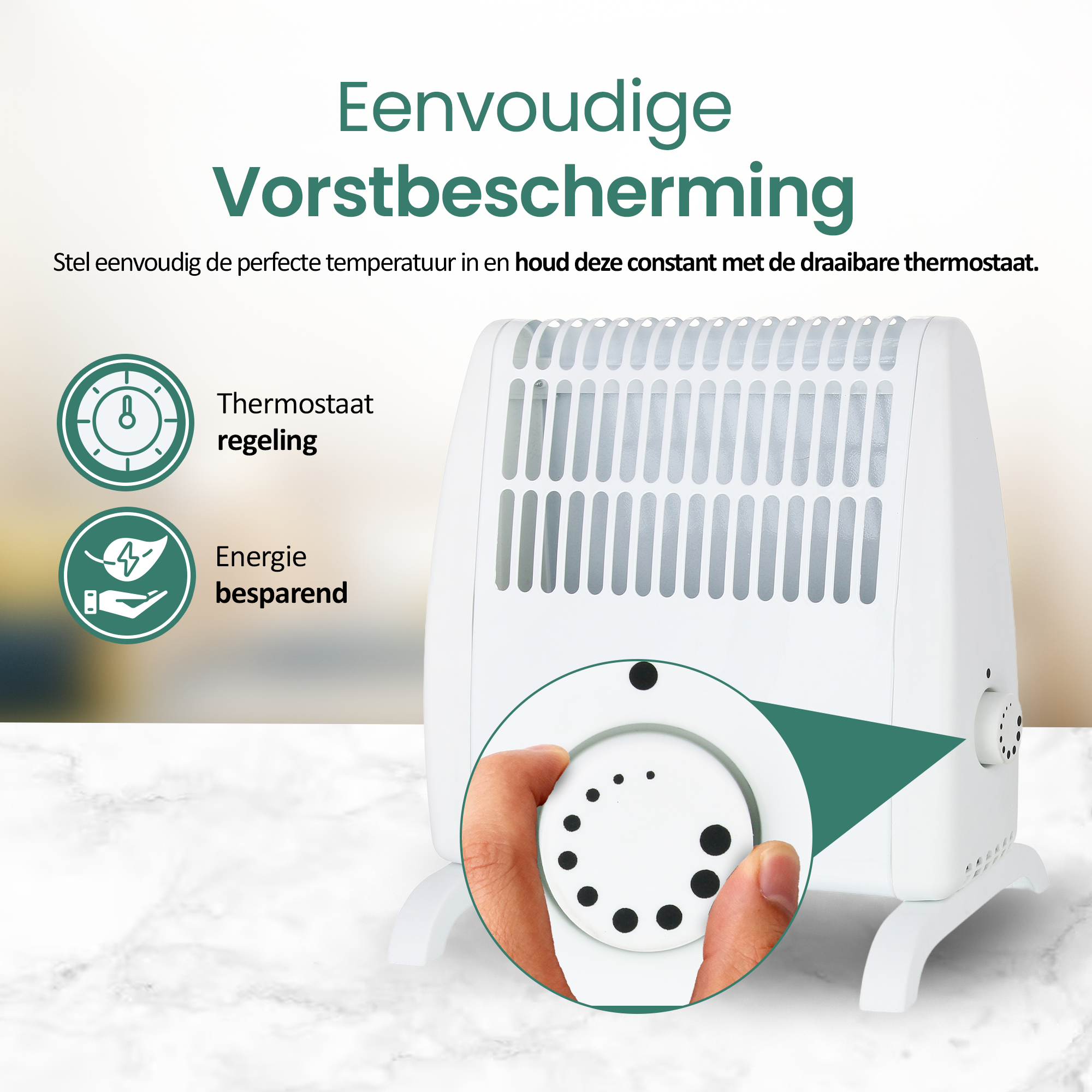 Een witte kachel met een hand die de temperatuurknop draait. De tekst luidt 'Vorstbescherming'.