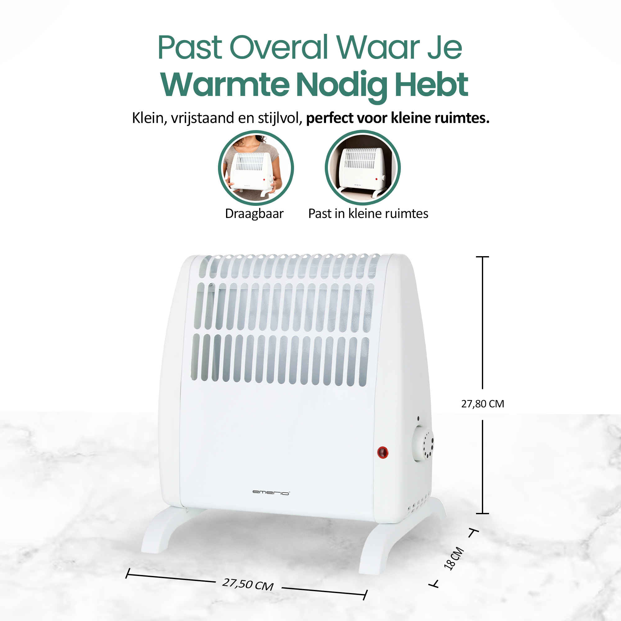 Witte elektrische kachel met afmetingen. Bovenstaande tekst luidt: 'Past Overal Waar Je Warmte'.