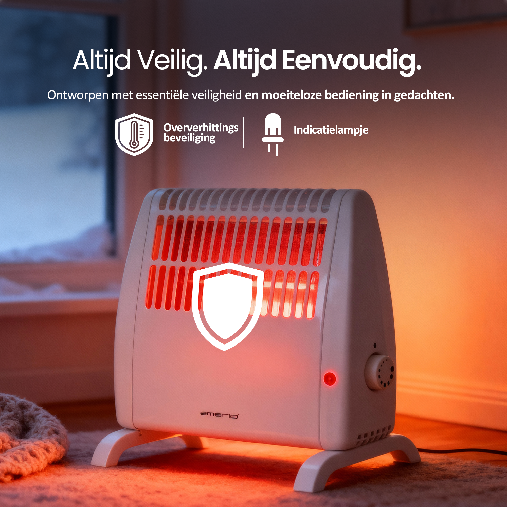 Een witte elektrische kachel staat aan. Het heeft een rode gloed. Het woord 'emerio' staat op de kachel. De scène is binnen.