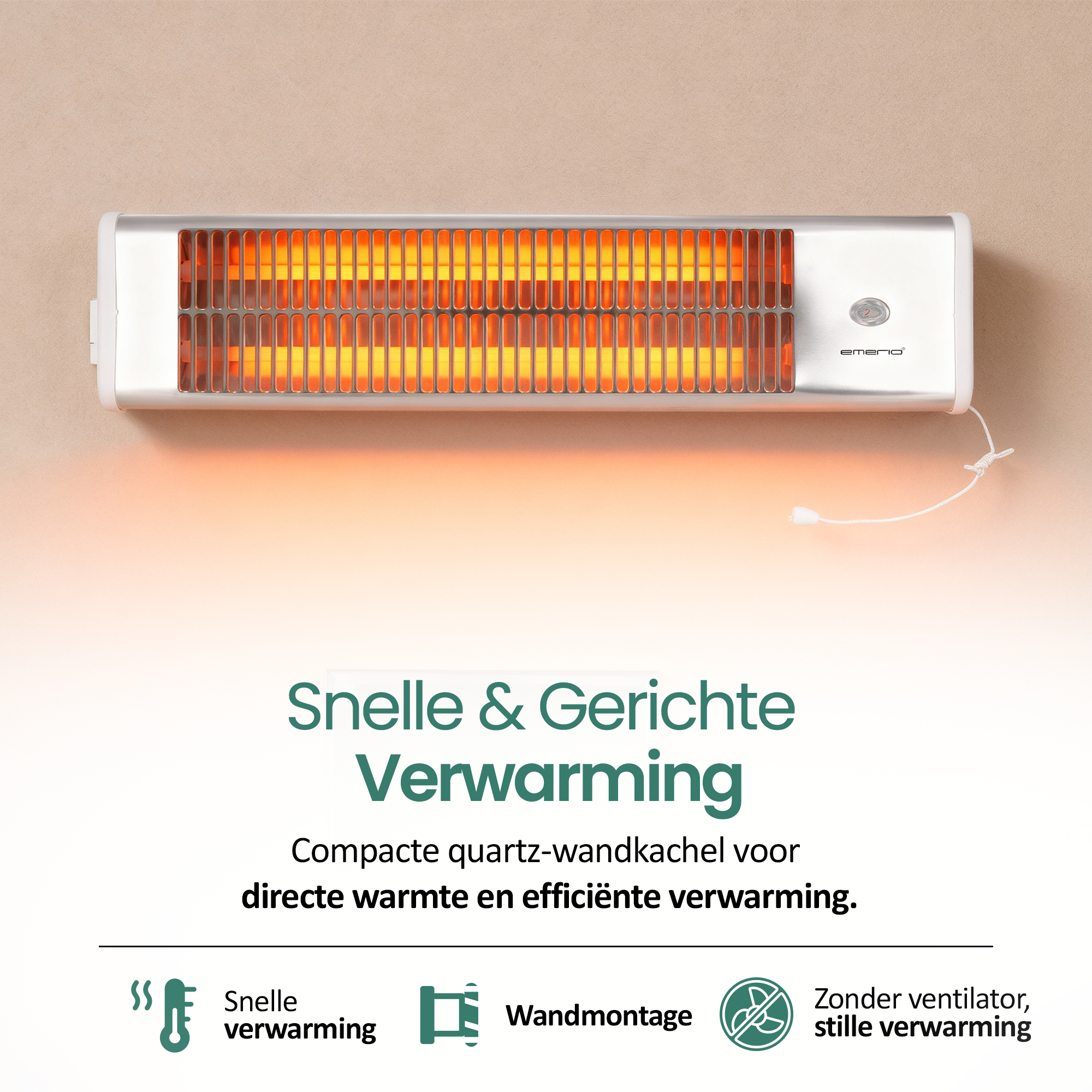 Een witte infraroodverwarming is op een beige muur gemonteerd en straalt oranje licht uit. Tekst hieronder: 'Snel verwarmen'.
