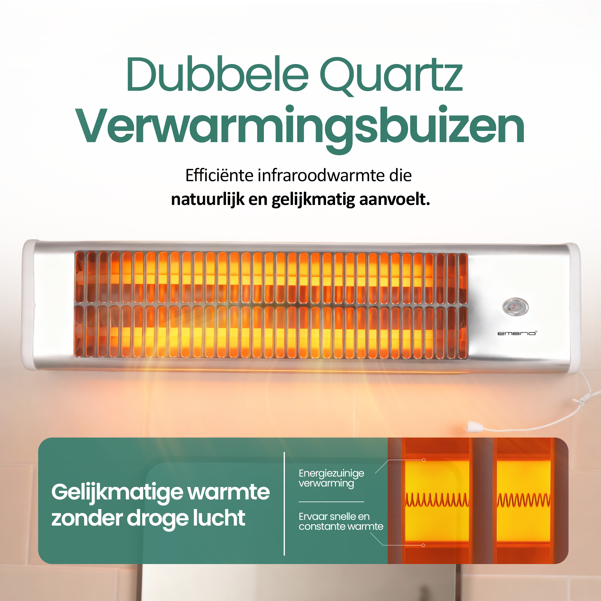 Zilveren quartz kachel met oranje gloed, tekst in het Nederlands. Toont een diagram van het verwarmingselement.