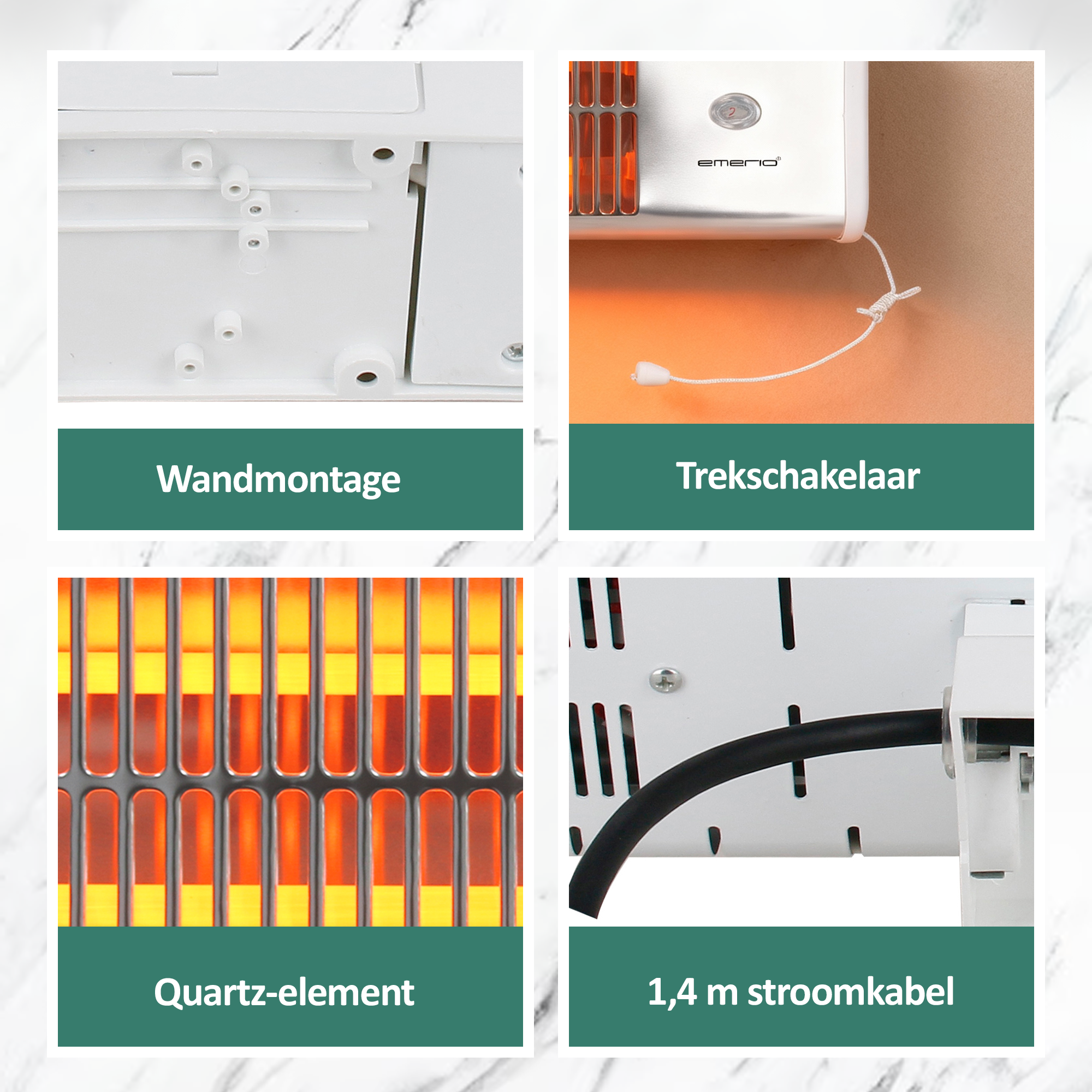 Afbeelding toont verschillende onderdelen van een kachel. Bevat wandmontage, trekschakelaar, kwartselement en 1,4 m netsnoer.