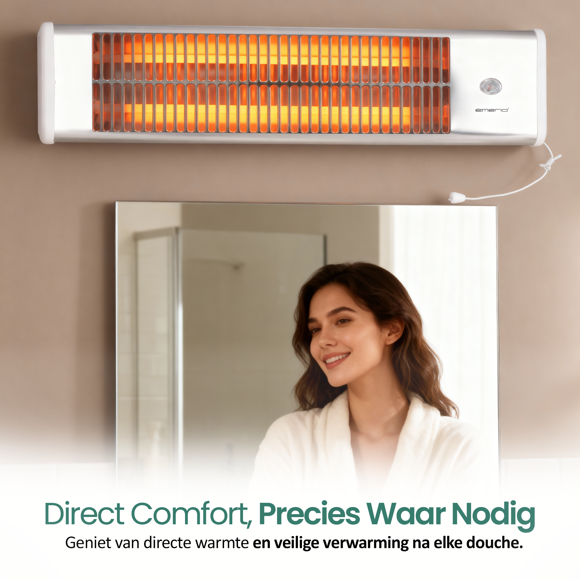 Een vrouw glimlacht in een spiegel. Boven een wandverwarming die oranje licht uitstraalt. De tekst zegt 'Direct Comfort'.