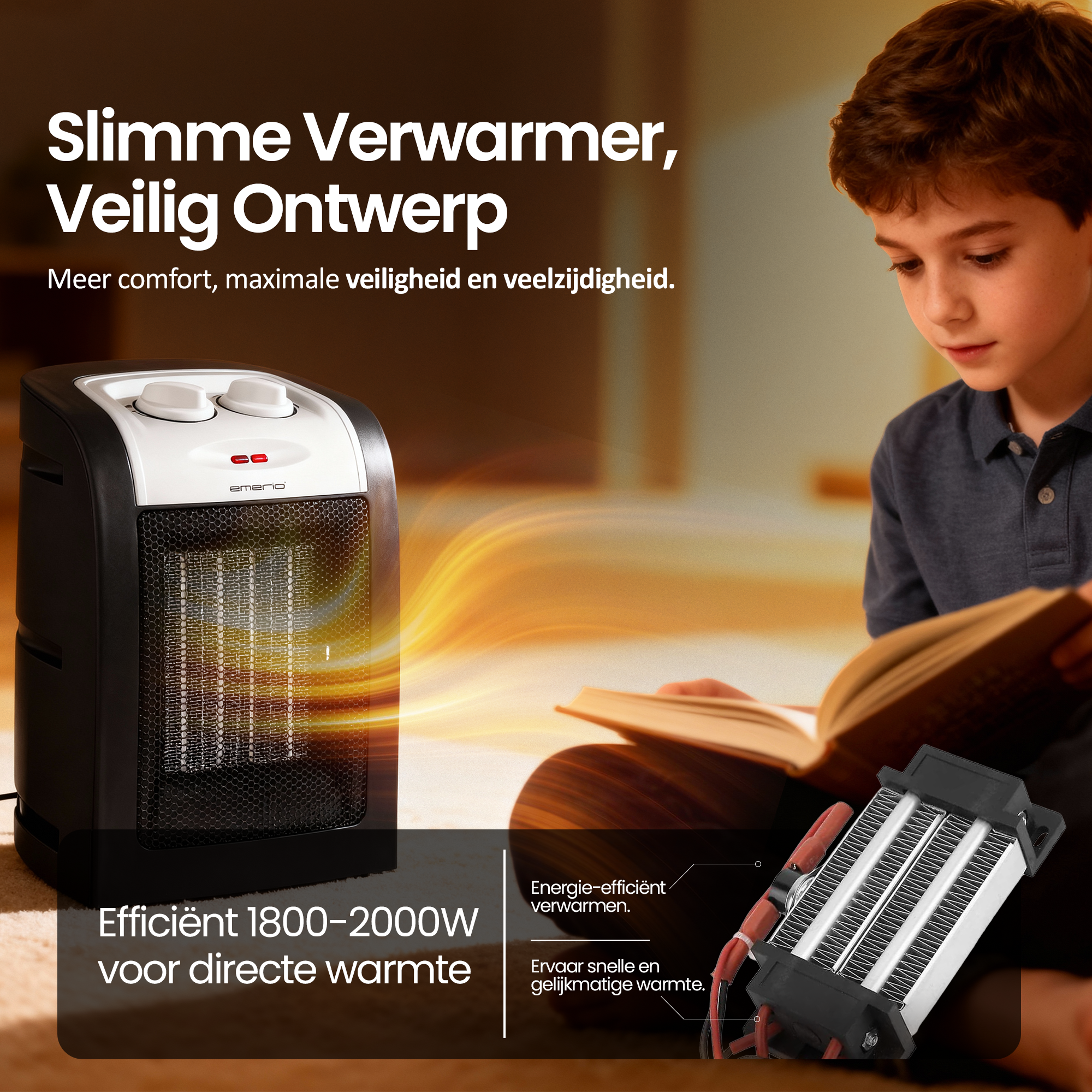 Een jongen leest een boek bij een zwart-witte kachel. Warme lucht komt uit de kachel. Tekst in het Nederlands.