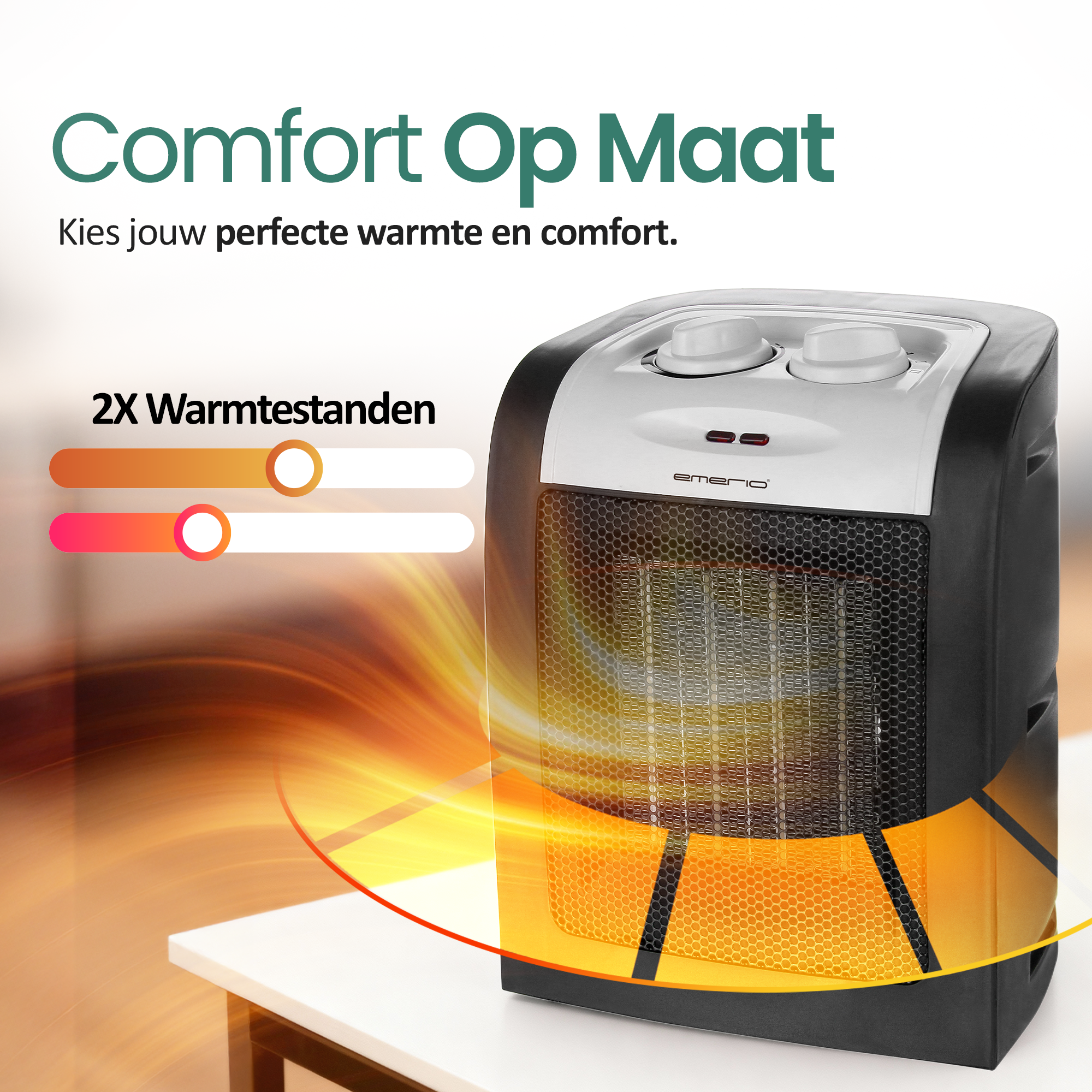 Een zwart-witte kachel op een witte tafel. Tekst: Comfort Op Maat. Warmte-indicatoren worden getoond.