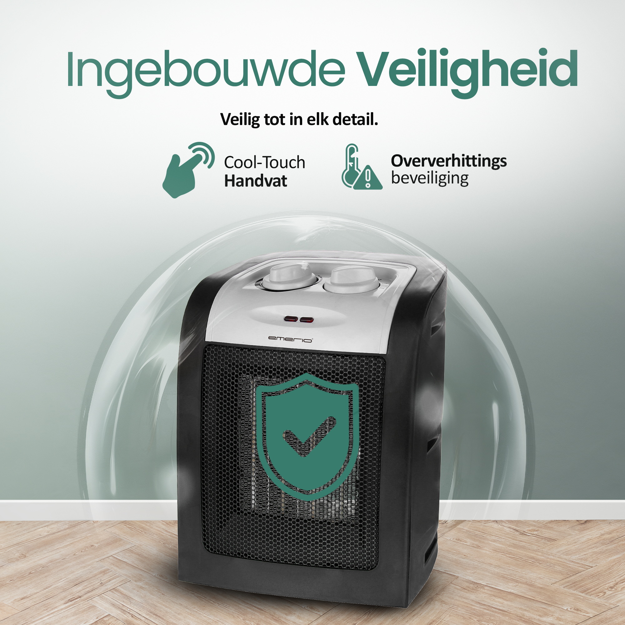 Een zwart-witte kachel met veiligheidsvoorzieningen. Groen schildpictogram en tekst. Veilig in elk detail.