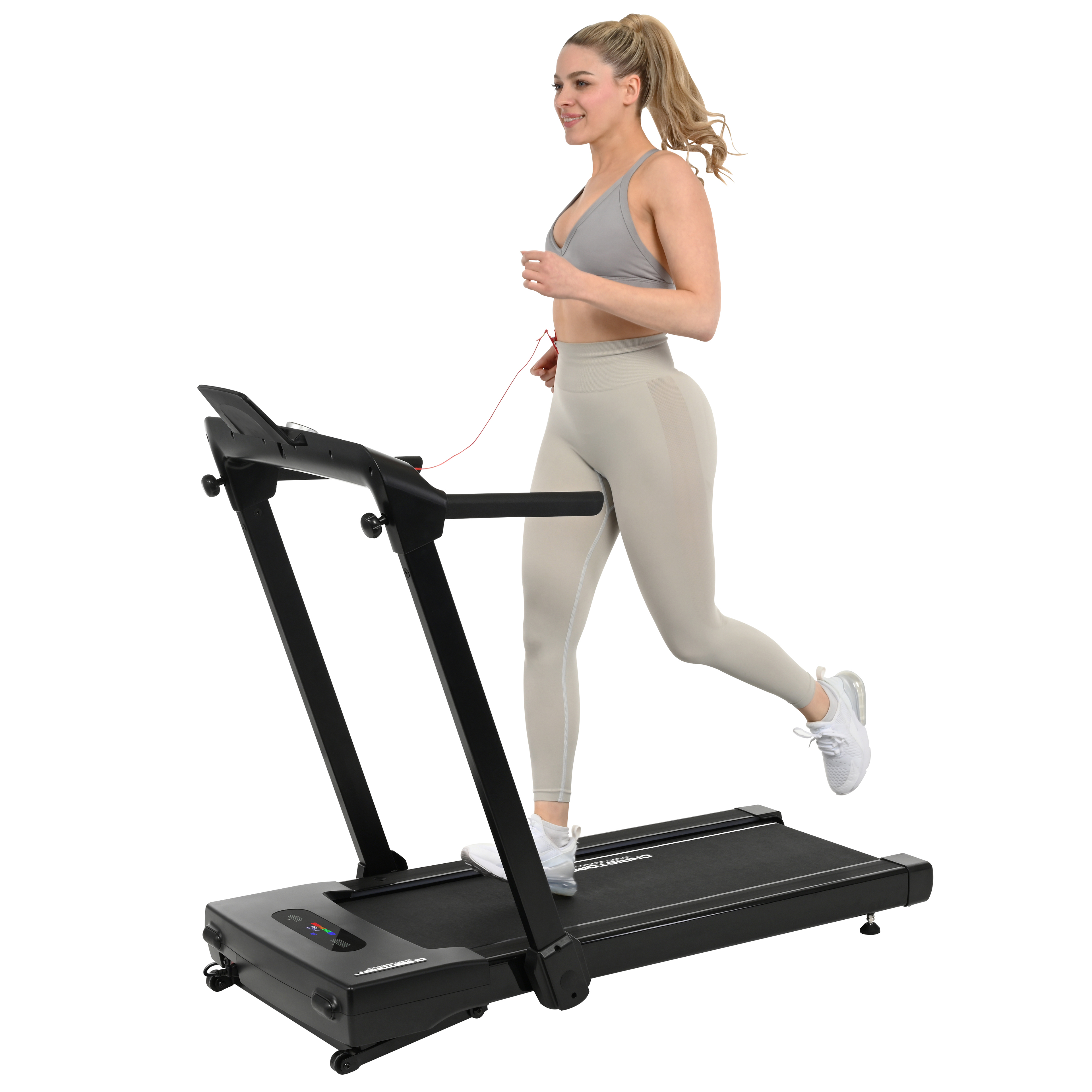 Frau läuft auf einem Laufband, trägt einen grauen Sport-BH und Leggings, weiße Schuhe. Schwarzes Laufband vor weißem Hintergrund.