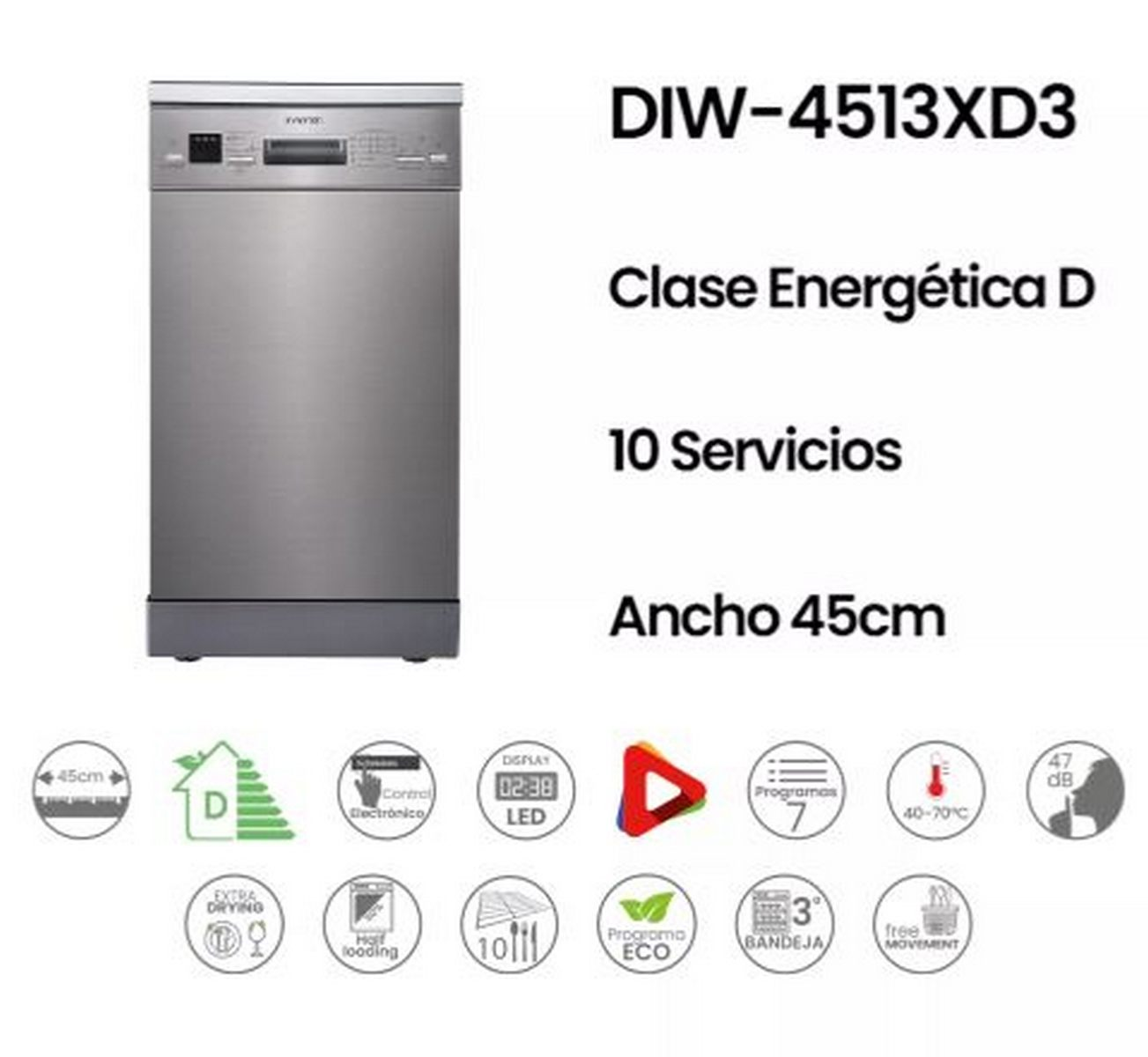 Un lavavajillas plateado con etiquetas de texto, incluyendo 'DIW-4513XD3', 'Clase Energética D', '10 Servicios' y 'Ancho 45cm'.