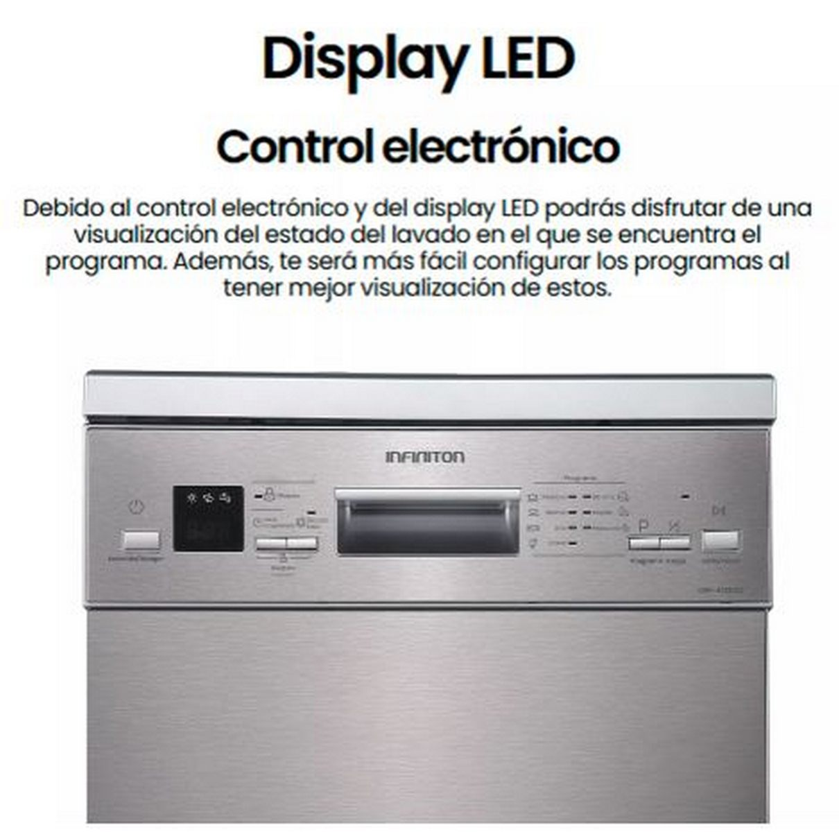 Panel de control metálico de lavavajillas con botones y pantalla. Texto superior: 'Display LED Control electrónico'.