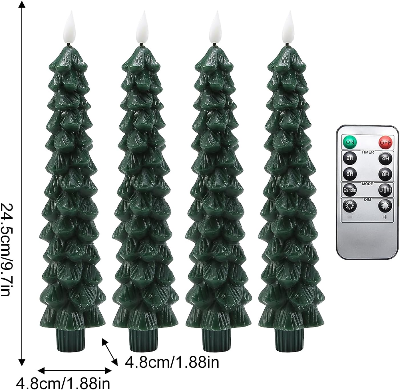 Vier grüne, baumförmige Kerzen mit Fernbedienung. Maße: 24,5 cm/9,7 Zoll Höhe, 4,8 cm/1,88 Zoll Breite.