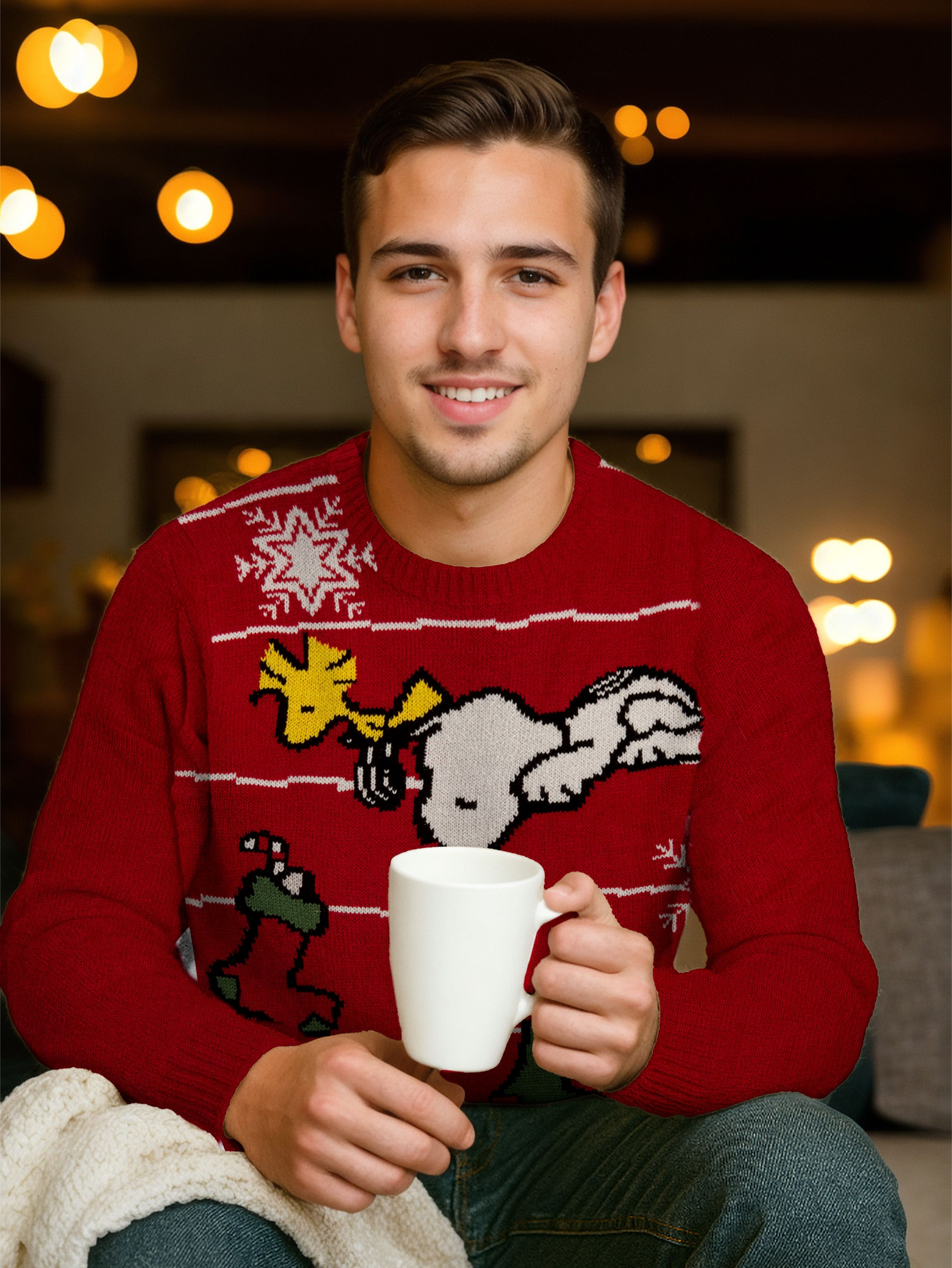 Mann in rotem Pullover mit Snoopy und Woodstock, hält eine weiße Tasse. Hintergrund hat verschwommene Lichter.