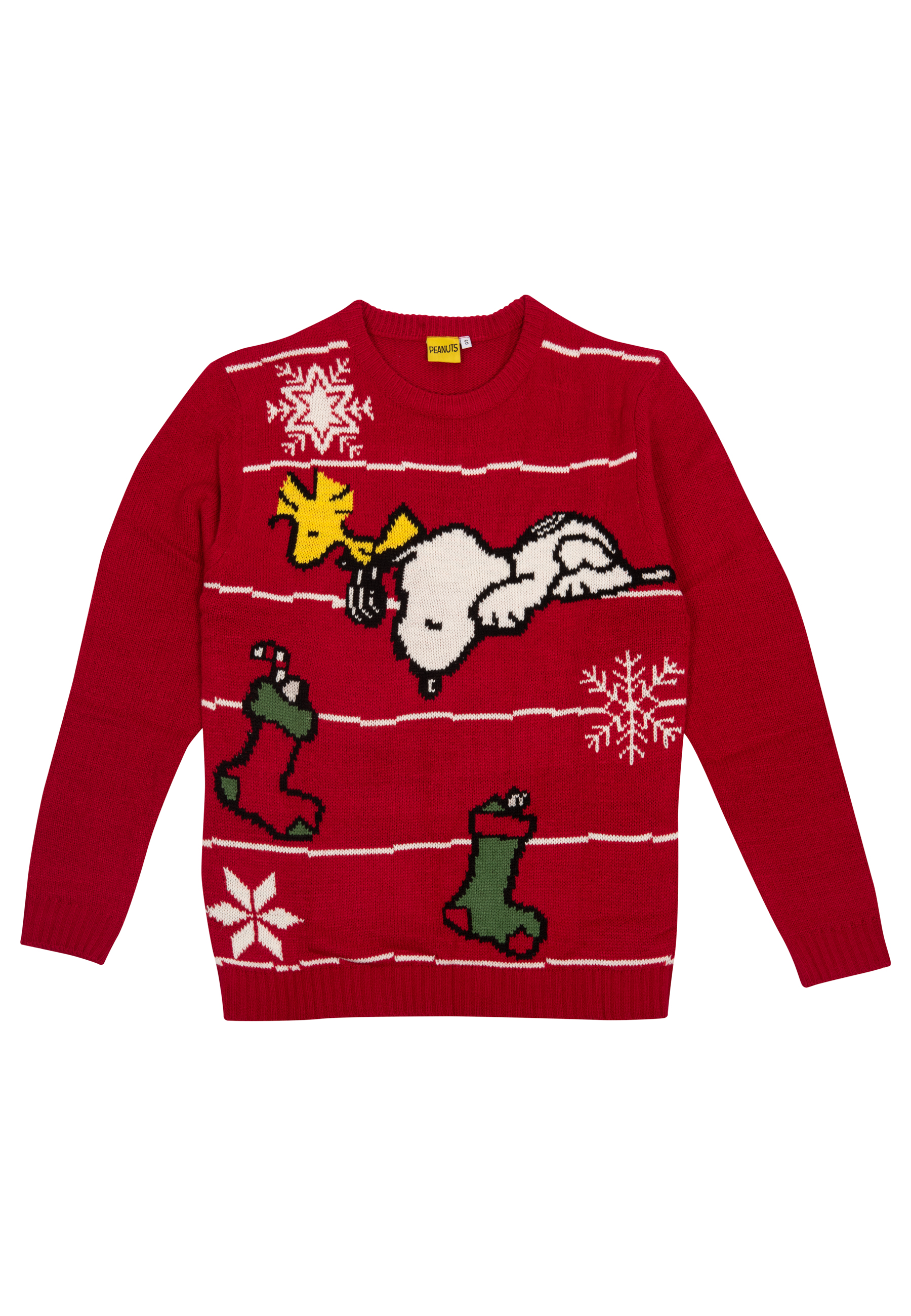 Roter Weihnachts-Pullover. Snoopy und Woodstock sind darauf. Schneeflocken und Strümpfe verzieren den Pullover.