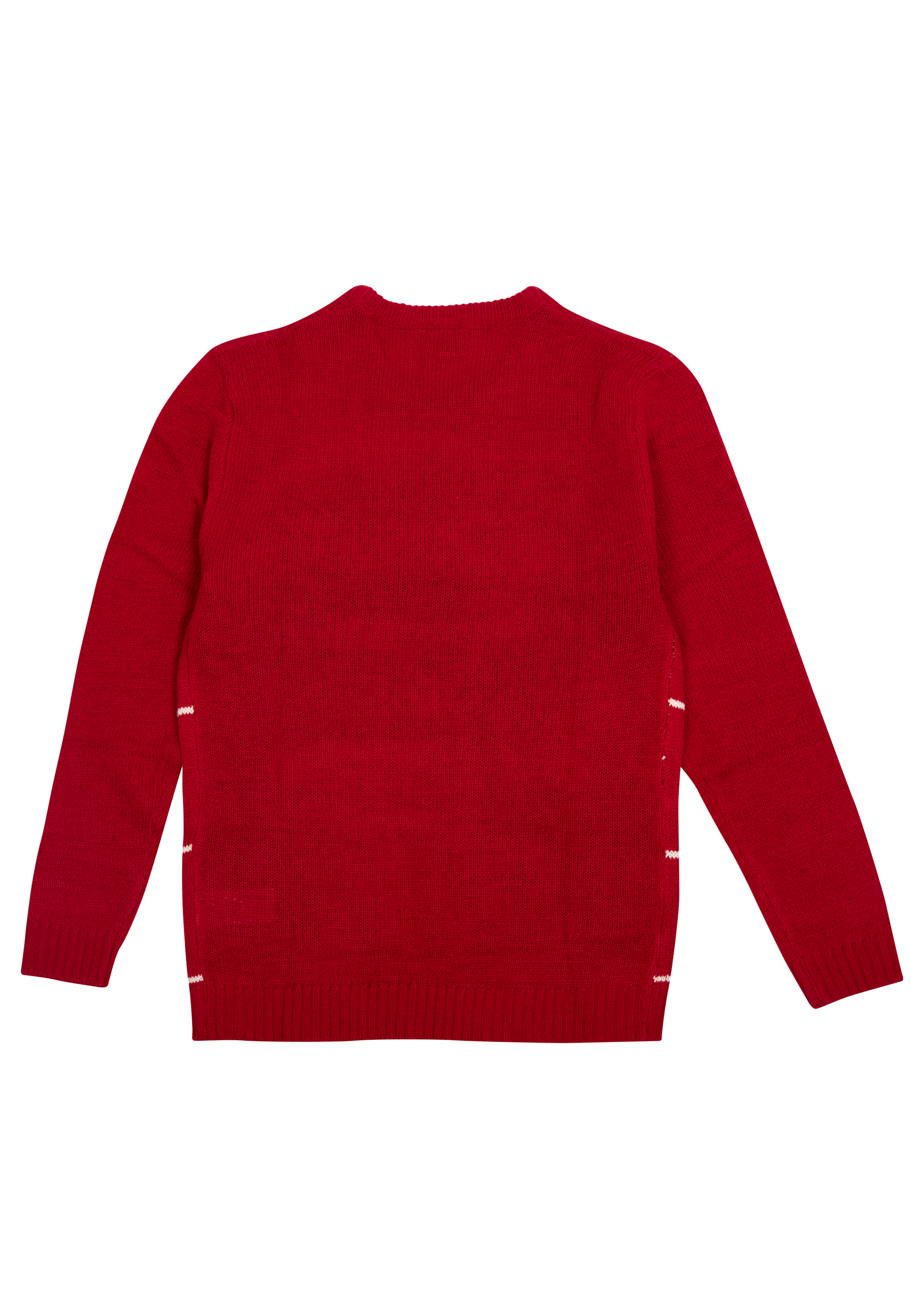 Roter Pullover. Weiße Nähte an den Seiten. Rückansicht, schlichter Hintergrund.