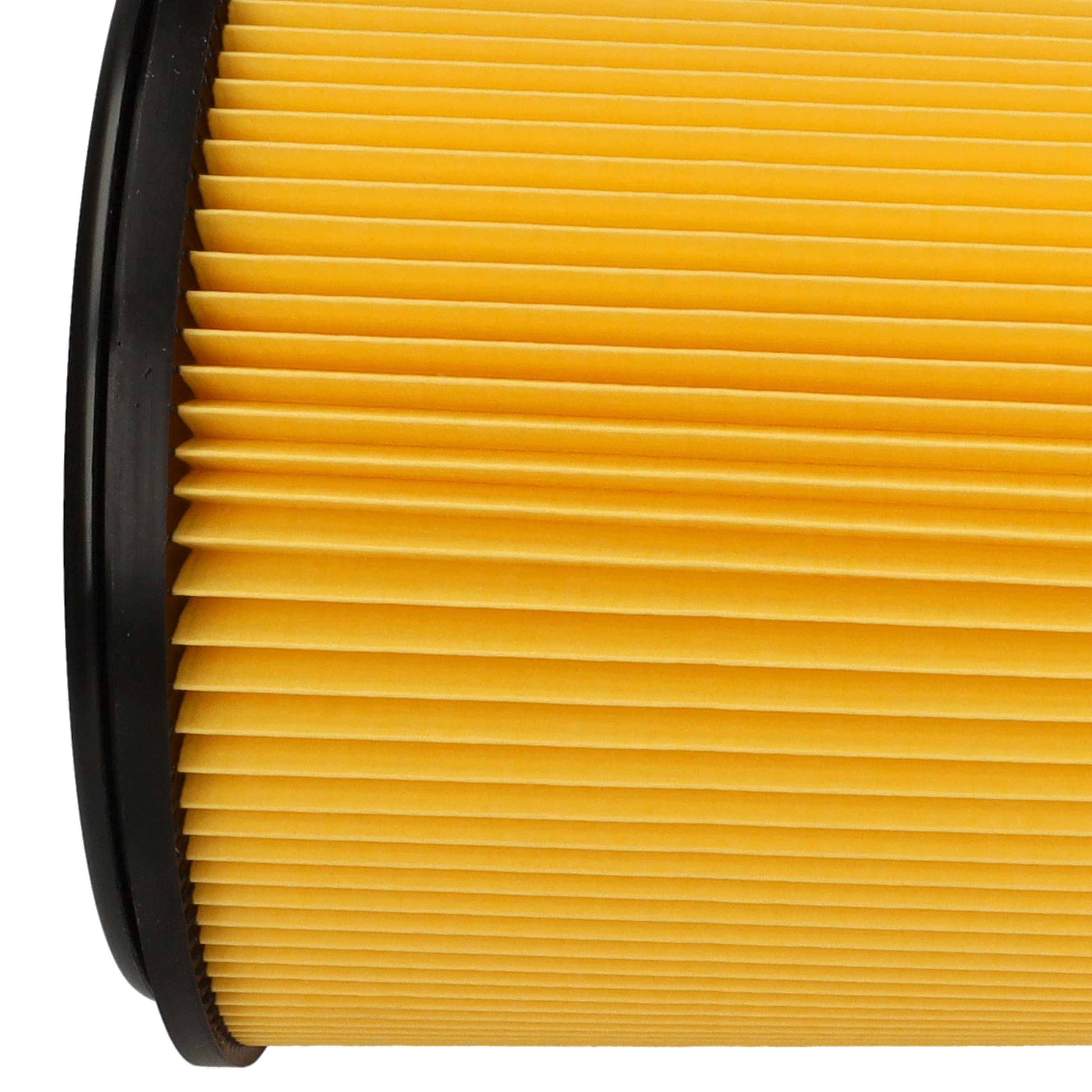 Nahaufnahme eines gelben Luftfilters im Akkordeonstil mit schwarzem Rand. Weißer Hintergrund.
