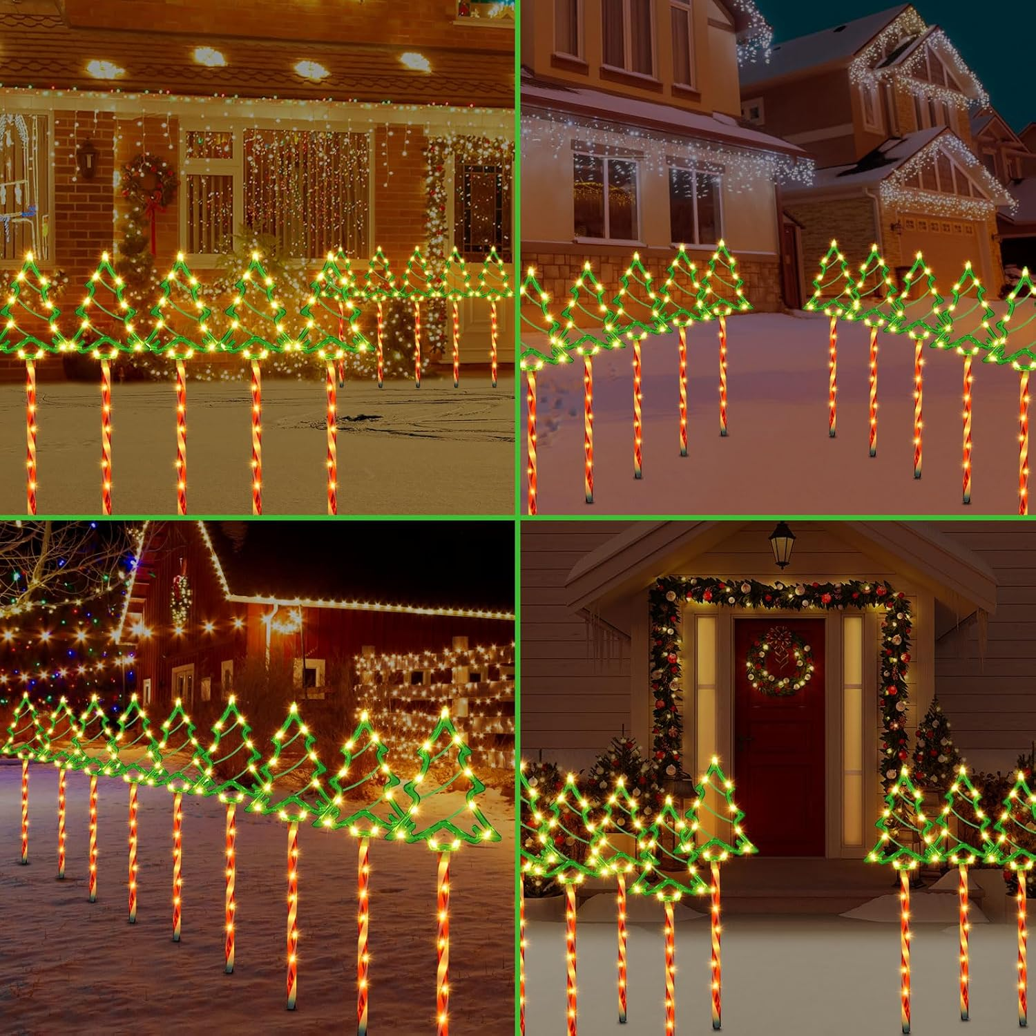 Weihnachtsbaumlichter vor Häusern. Die Bäume sind grün, die Pfähle rot und weiß. Schnee am Boden.