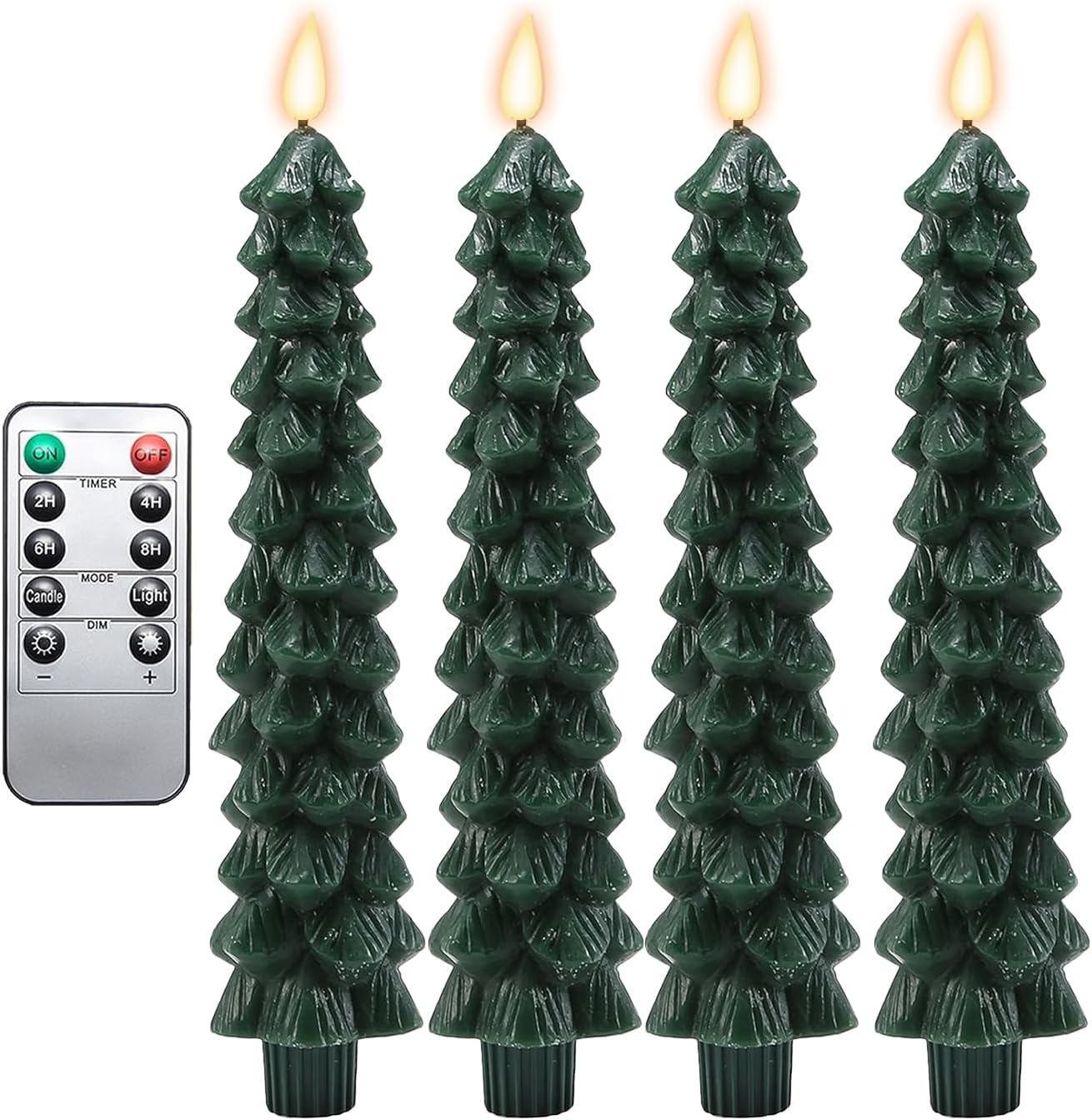 Vier grüne Weihnachtsbaumkerzen mit leuchtenden Flammen und einer Fernbedienung auf weißem Hintergrund.