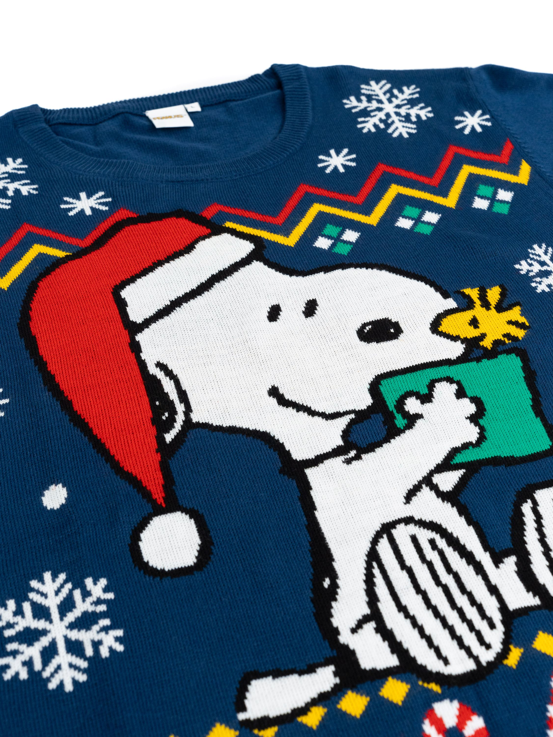 Blauer Pullover mit Snoopy mit Weihnachtsmütze, Geschenk, umgeben von Schneeflocken und Zickzack.
