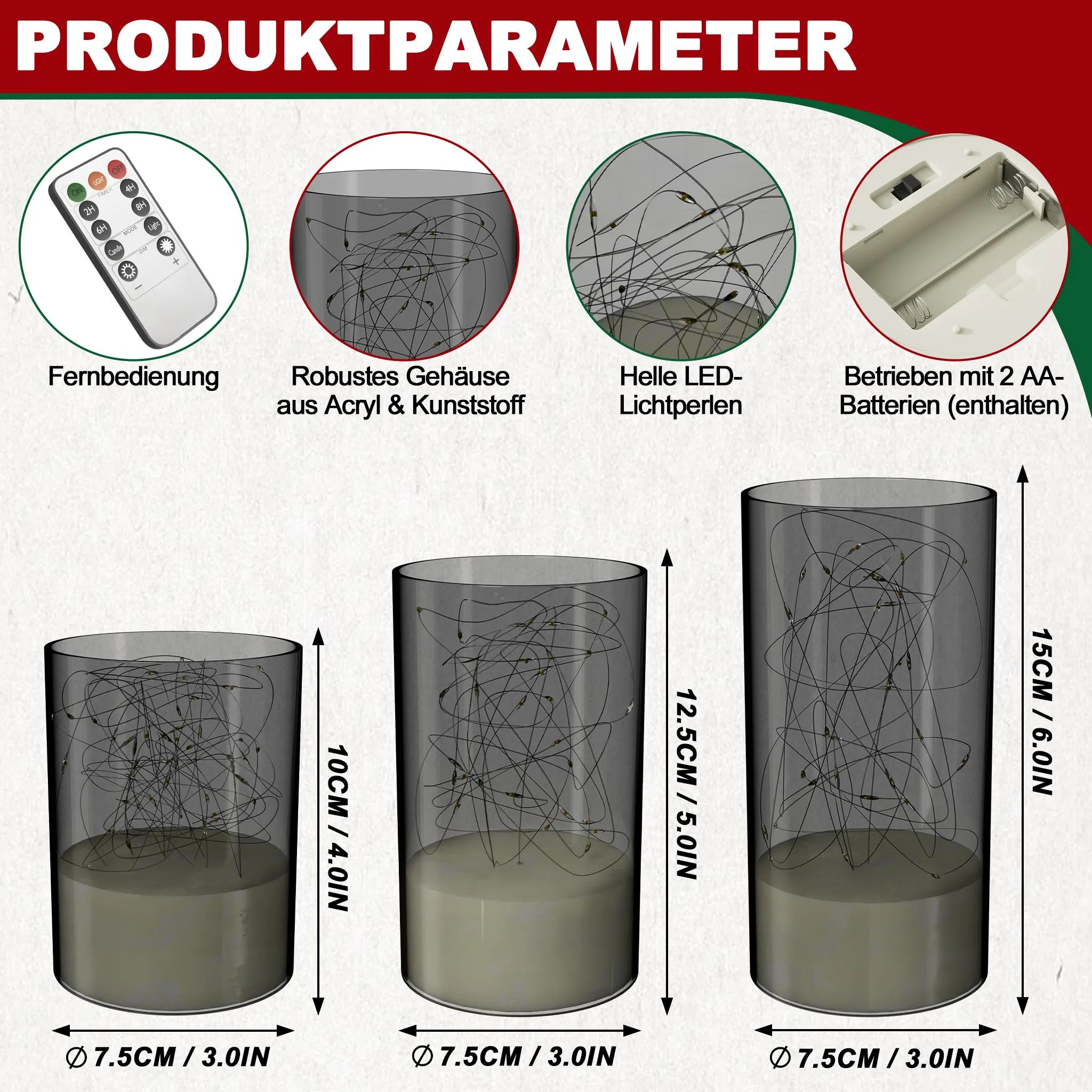 Produktbild mit Fernbedienung, Kerzenlichtern und Maßangaben.
