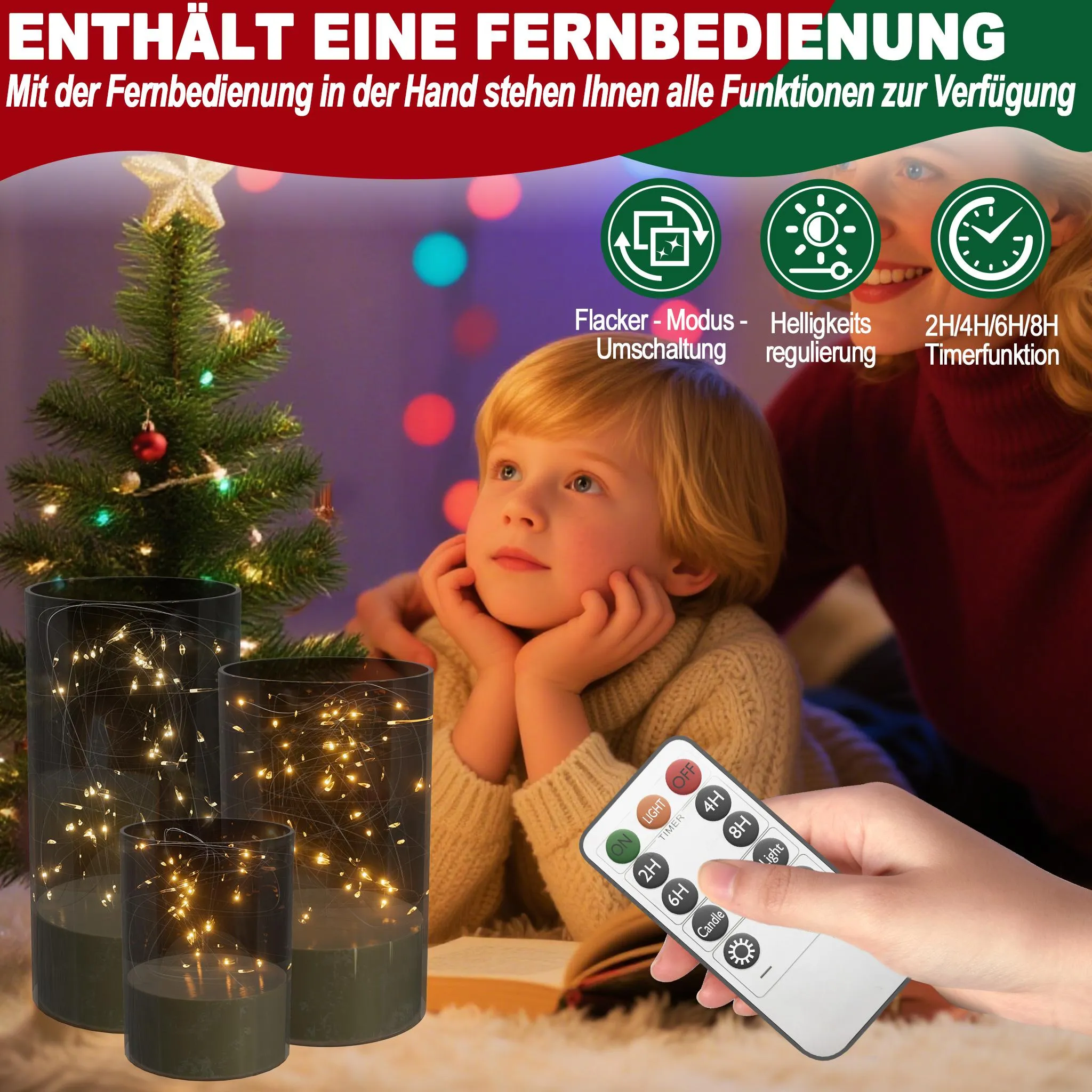 Ein Kind blickt nach oben in der Nähe von brennenden Kerzen. Eine Fernbedienung ist im Vordergrund.