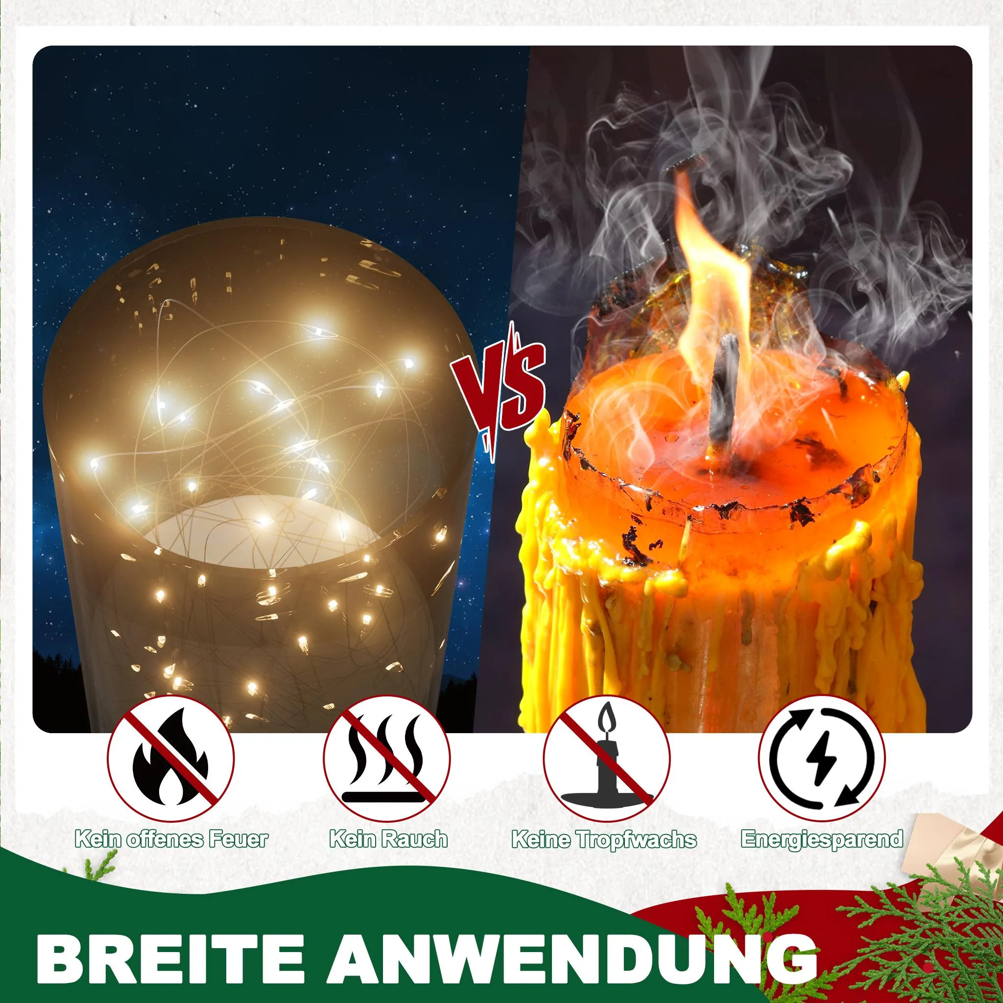 Das Bild vergleicht LED-Lichter und eine Kerze. LED-Lichter sind in einer Laterne. Kerze brennt mit tropfendem Wachs. Text auf Deutsch.