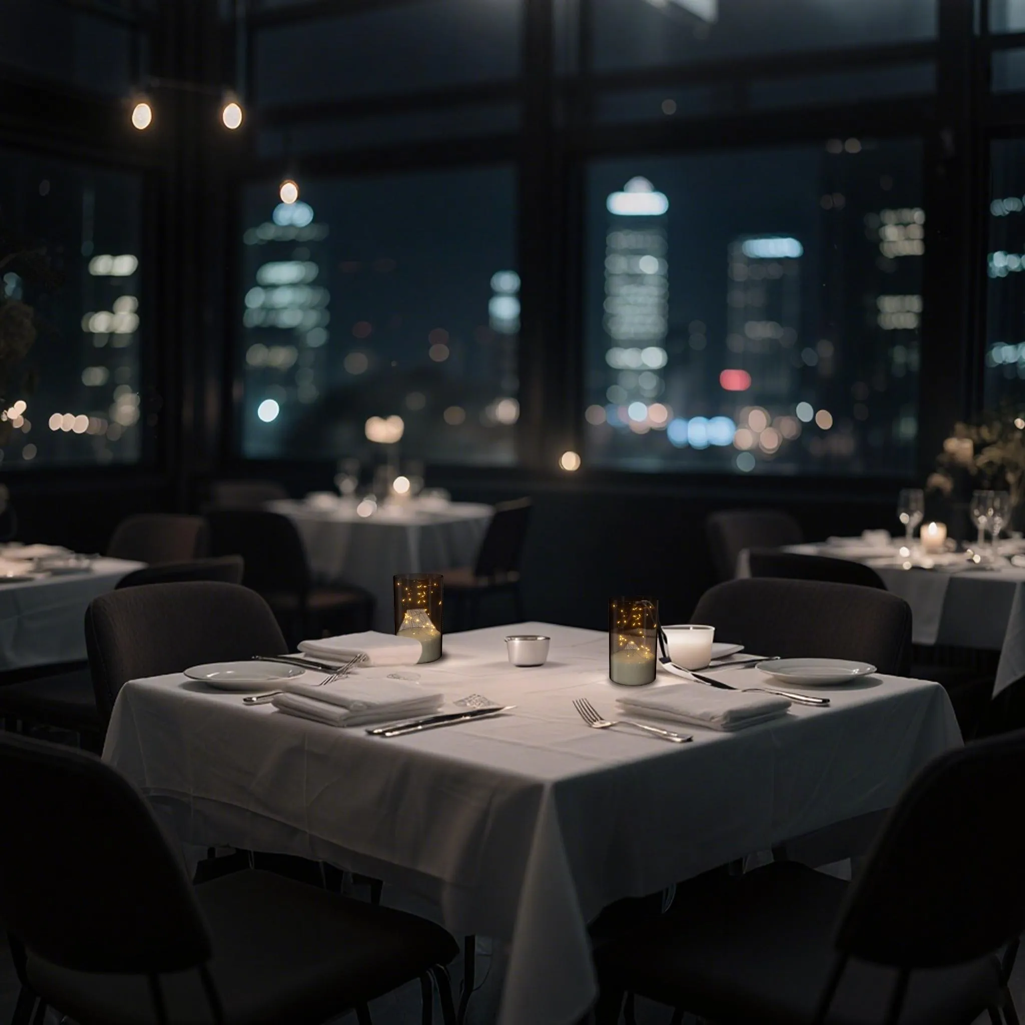 Restauranttisch mit Kerzen und Stadtblick bei Nacht. Fokus auf den Tisch und die Fenster.
