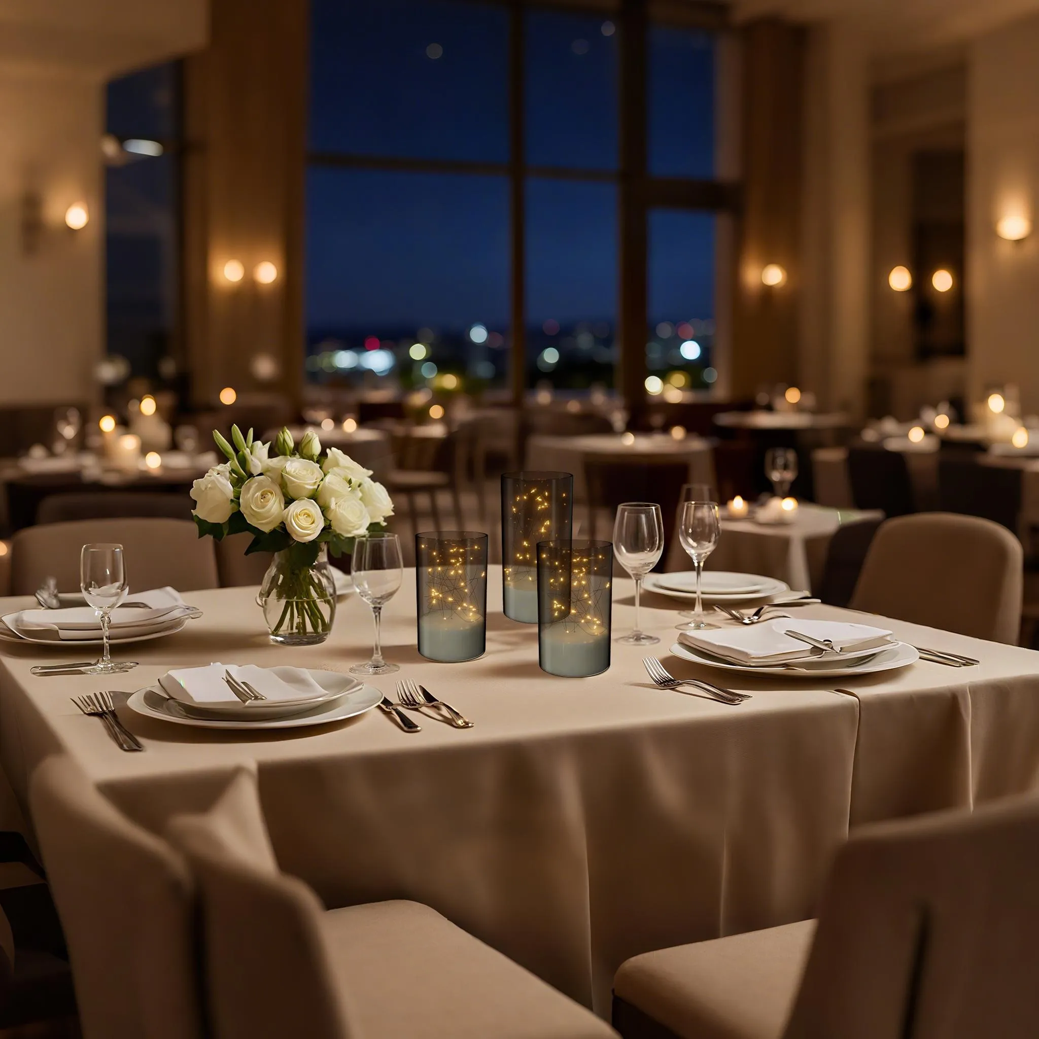 Restauranttisch mit weißen Rosen, Kerzen und Gläsern. Stadtlichter durch ein Fenster bei Nacht sichtbar.