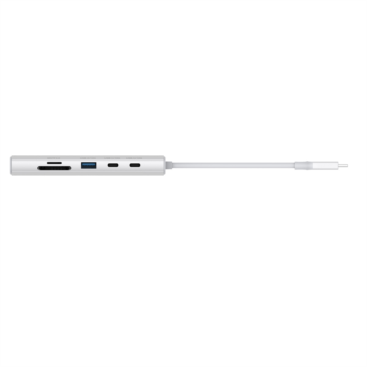 Ein silberner USB-C-Hub mit mehreren Anschlüssen, einschließlich USB-A, USB-C und einem SD-Kartensteckplatz, verbunden mit einem weißen Kabel vor weißem Hintergrund.