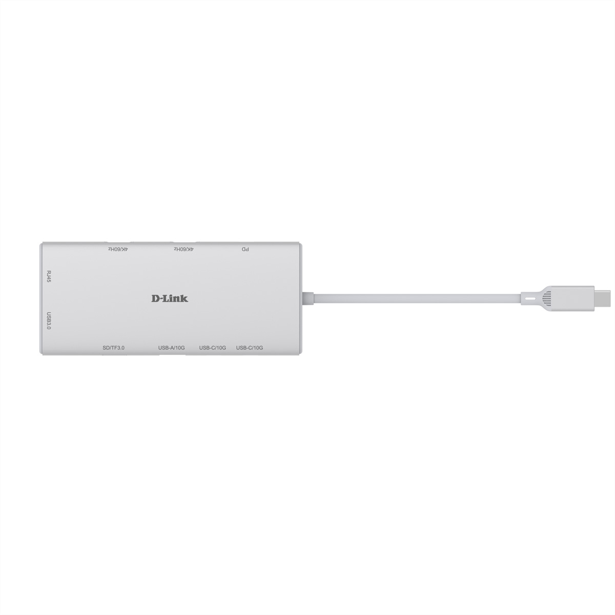 Ein silberner D-Link USB-Hub mit mehreren Anschlüssen, einschließlich USB-C, USB-A und SD-Kartensteckplatz, verbunden mit einem Kabel und einem USB-C-Stecker.