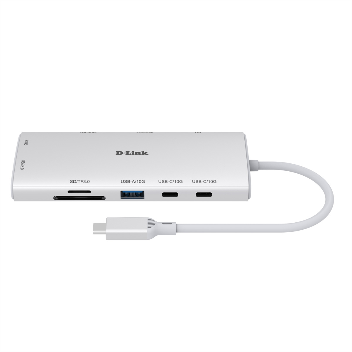 Ein silberner D-Link USB-Hub mit mehreren Anschlüssen, einschließlich USB-A, USB-C, SD/TF und RJ45, verbunden mit einem weißen Kabel und Stecker.
