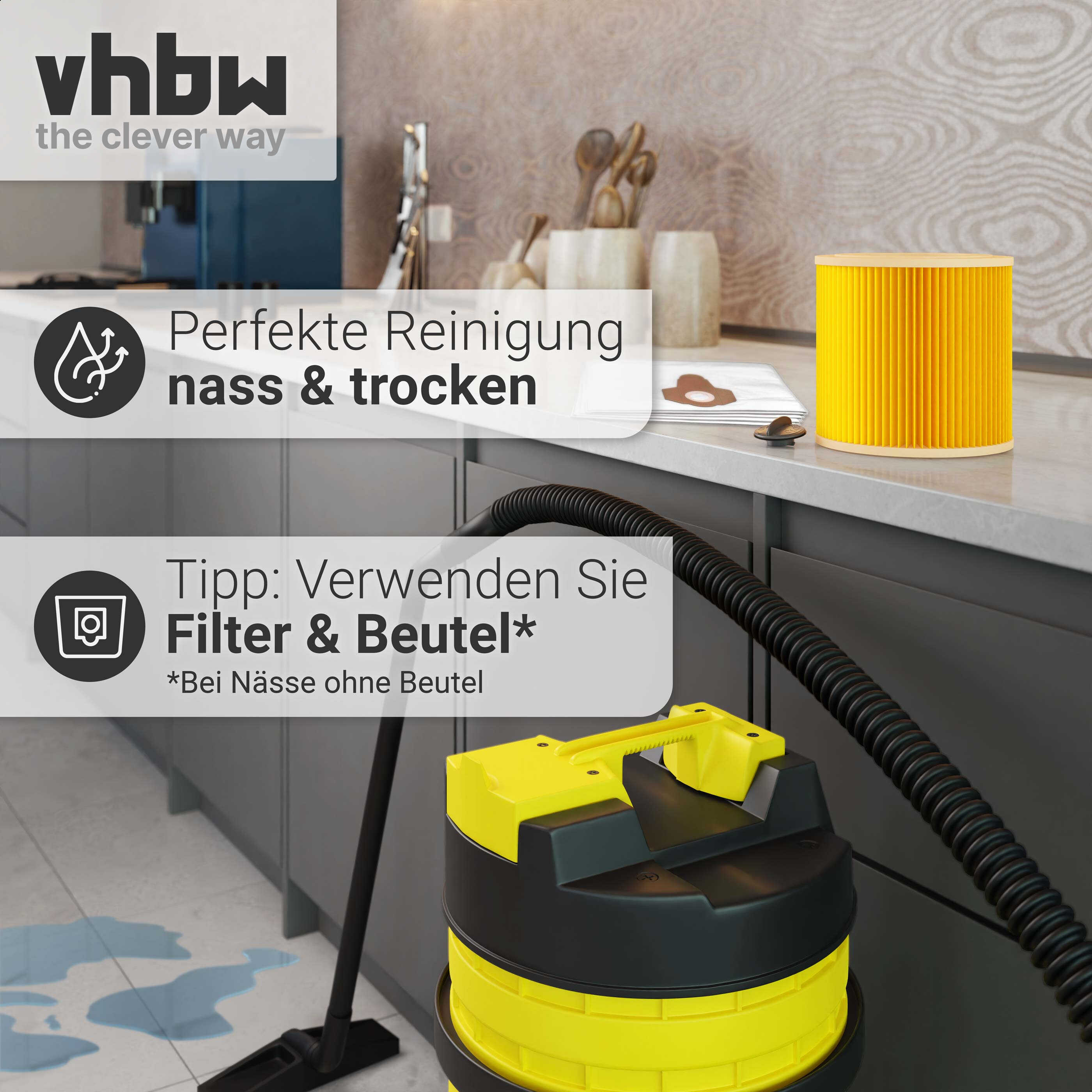 Ein gelb-schwarzer Nass-/Trockensauger, Filter und Text über perfekte Reinigung.