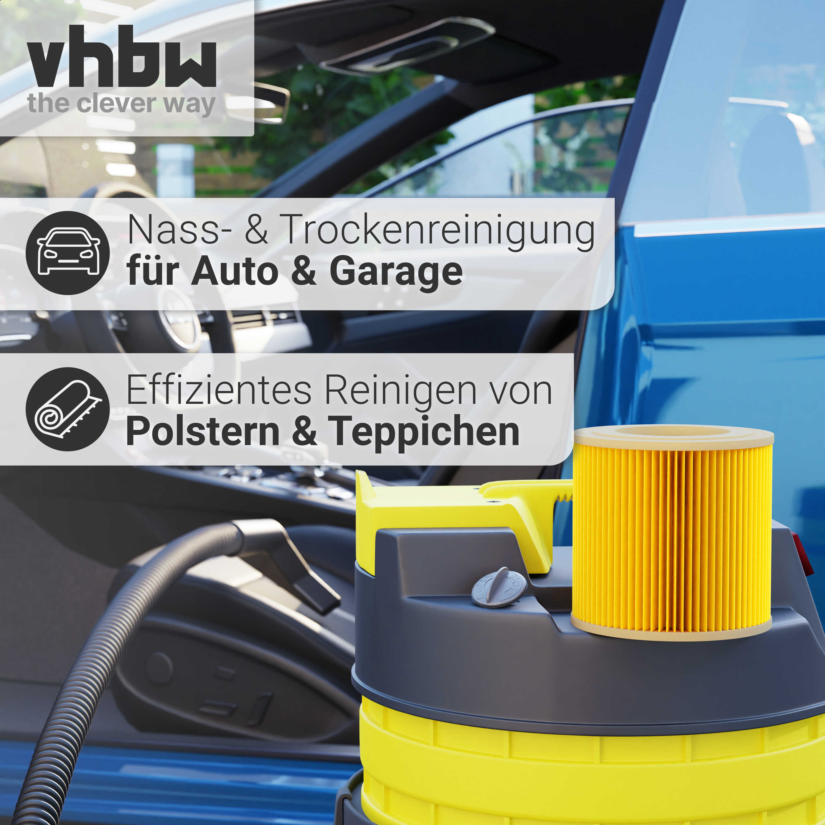 Ein gelb-schwarzer Staubsauger mit Filter neben einem Auto. Text: 'Auto & Garage'.