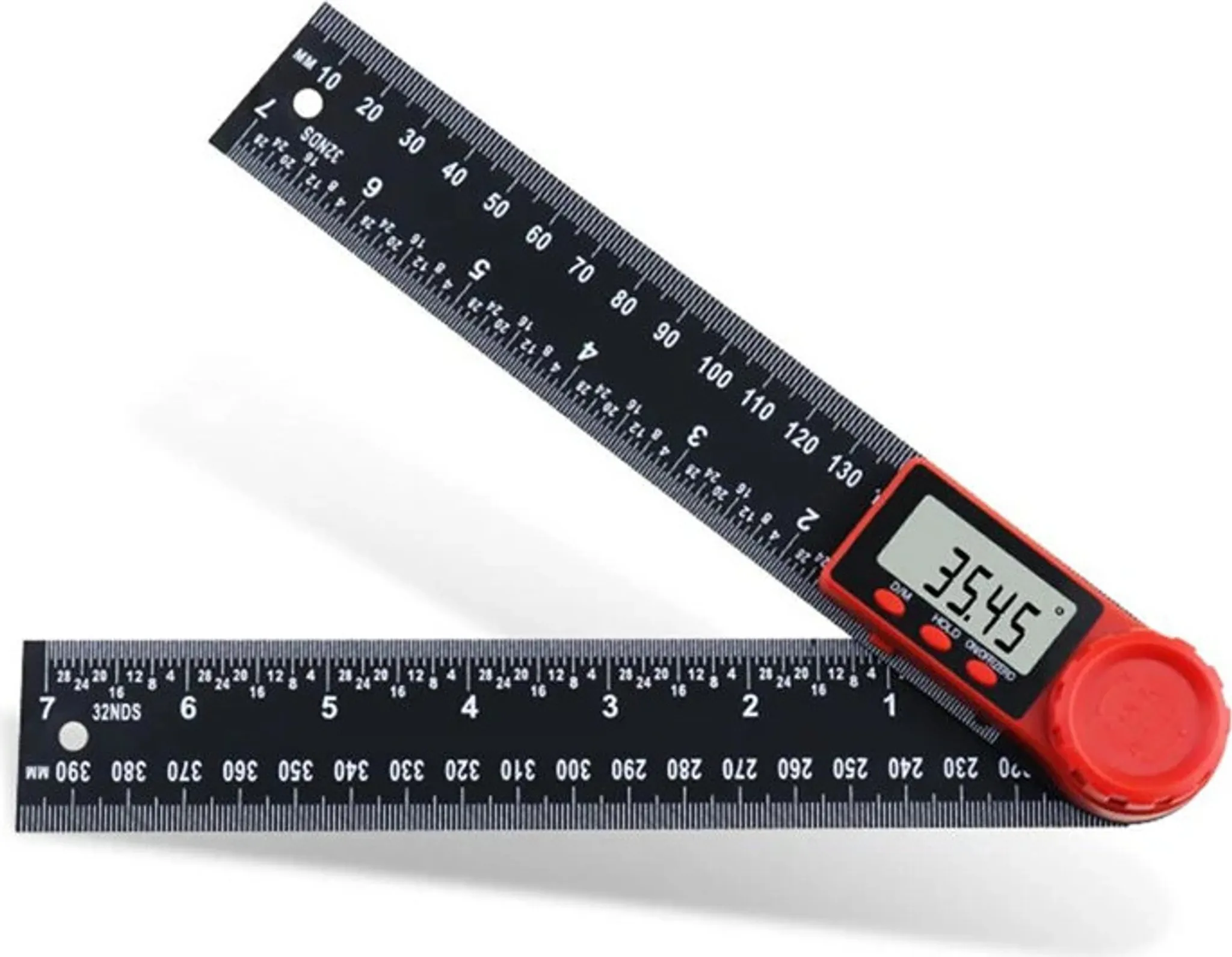 Ein schwarzes und rotes digitales Winkelmessgerät. Das Display zeigt 35,45 Grad an. Es liegt offen auf einer weißen Oberfläche.