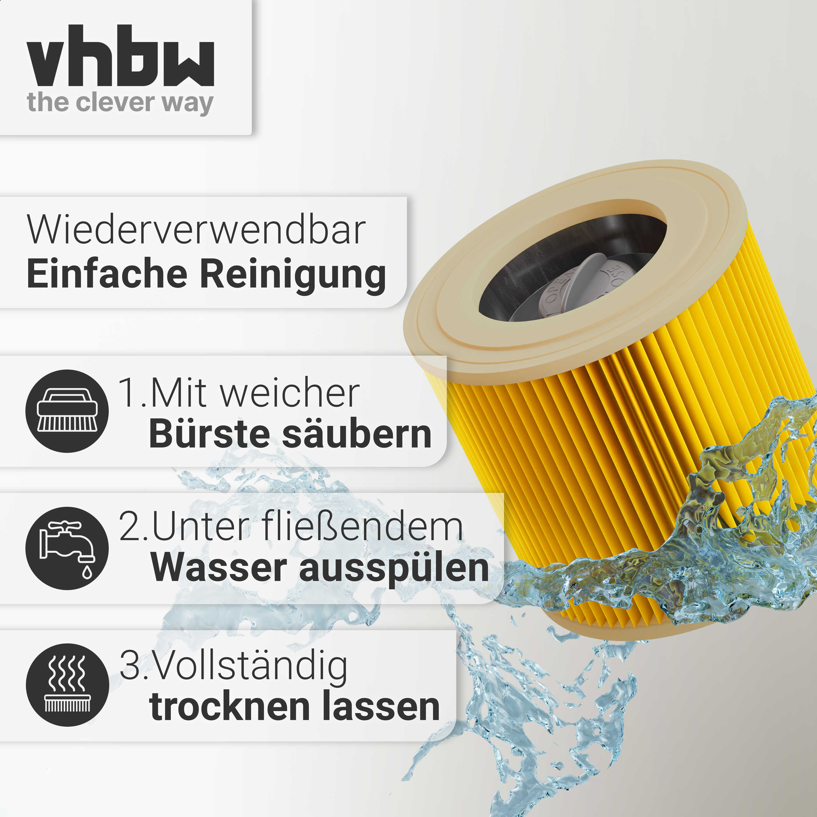 Gelber Luftfilter mit Wasserspritzern, beiger Rand. Reinigungsanweisungen: Bürsten, Spülen, Trocknen. The clever way.