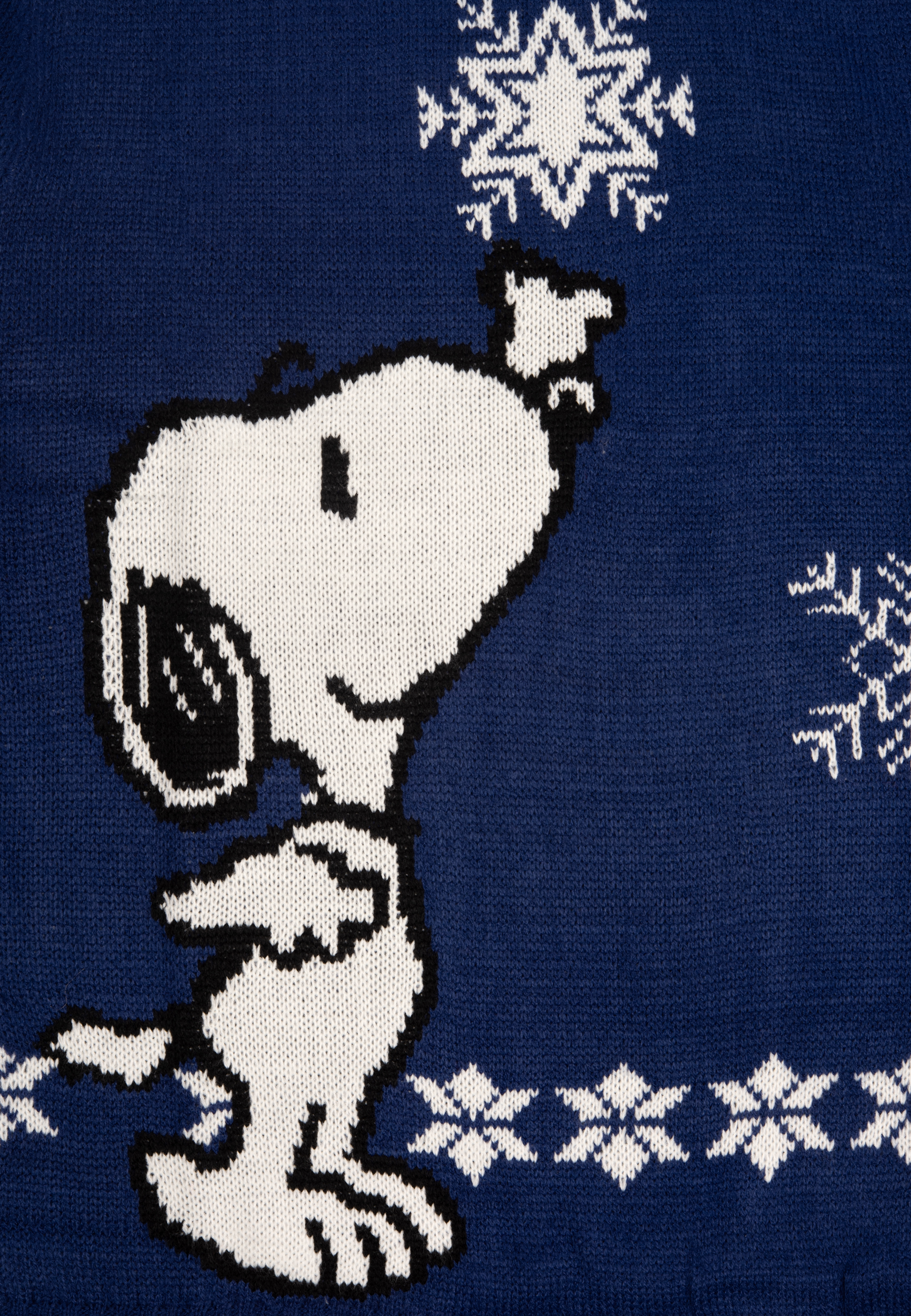 Ein blauer Pullover mit Snoopy in Weiß und Schwarz mit Schneeflockenmustern.