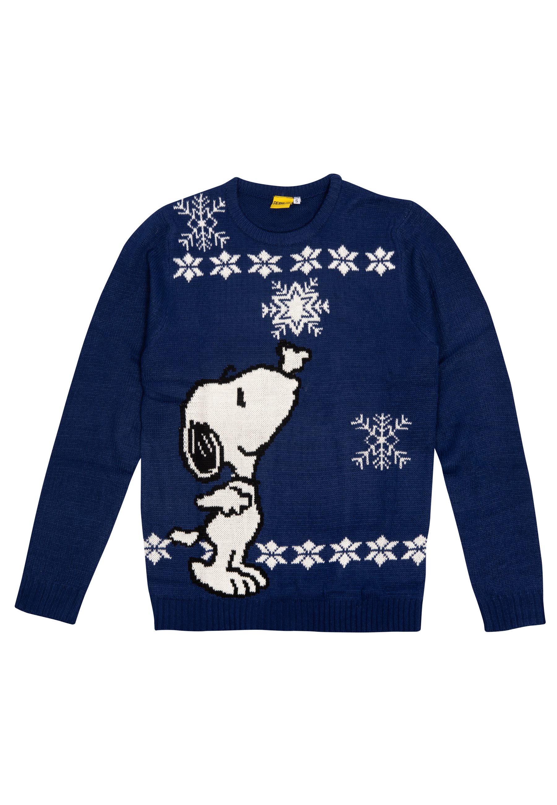 Blauer Pullover mit Snoopy-Design, Schneeflocken und weißem Rand.