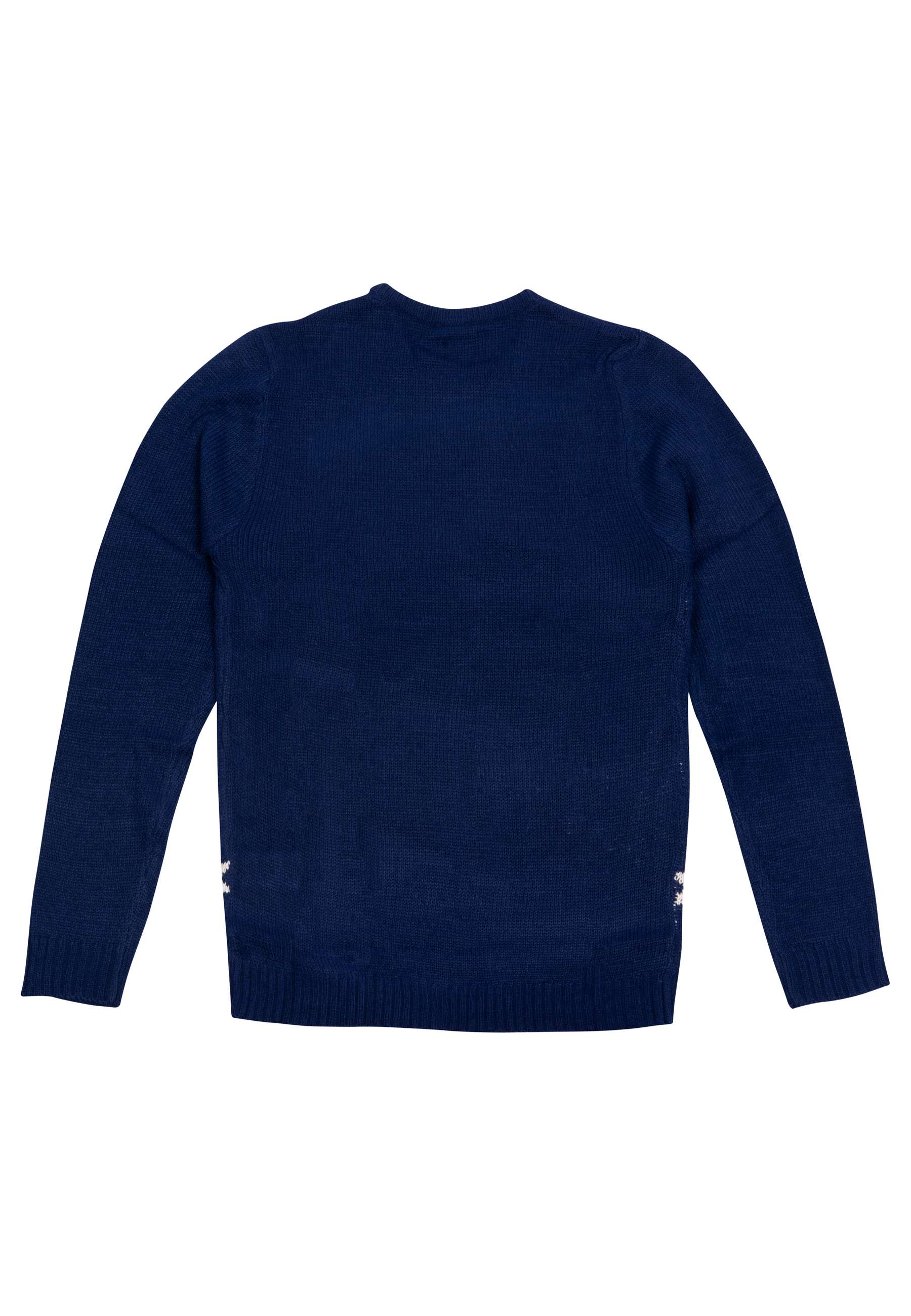 Ein marineblauer Pullover liegt flach. Er hat lange Ärmel und einen Rundhalsausschnitt. Einige weiße Details sind sichtbar.