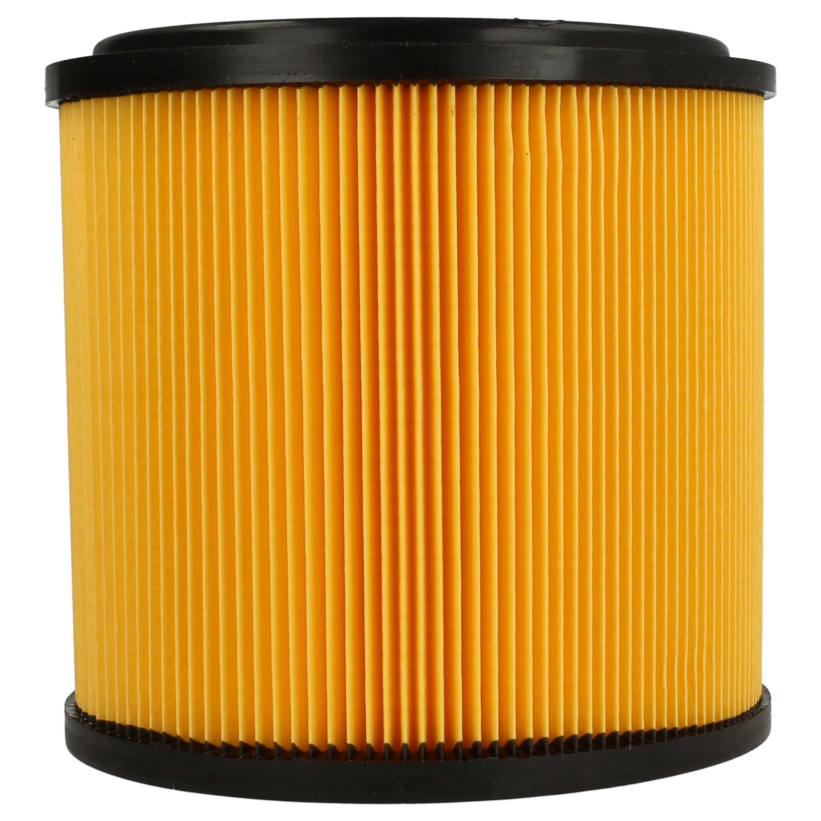 Ein Luftfilter mit gelbem, plissiertem Filterelement. Es hat schwarze obere und untere Kappen. Isoliert auf Weiß.