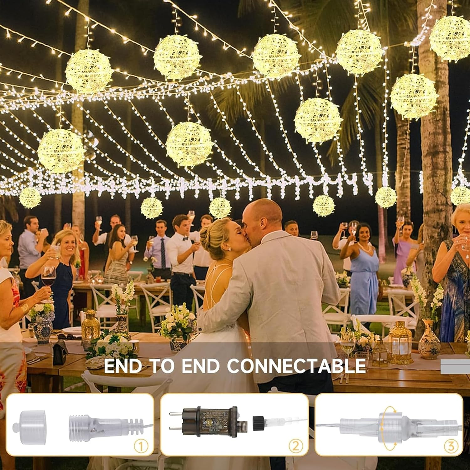 Hochzeitsempfang mit küssendem Paar im Vordergrund, Lichterketten und anstoßenden Gästen. Verbindbare Lichtteile sind unten abgebildet.