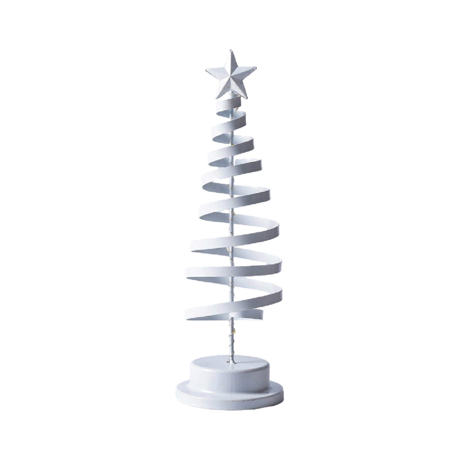 Eine weiße Weihnachtsbaumdekoration aus Metall. Sie hat einen Stern oben und ein spiralförmiges Design.