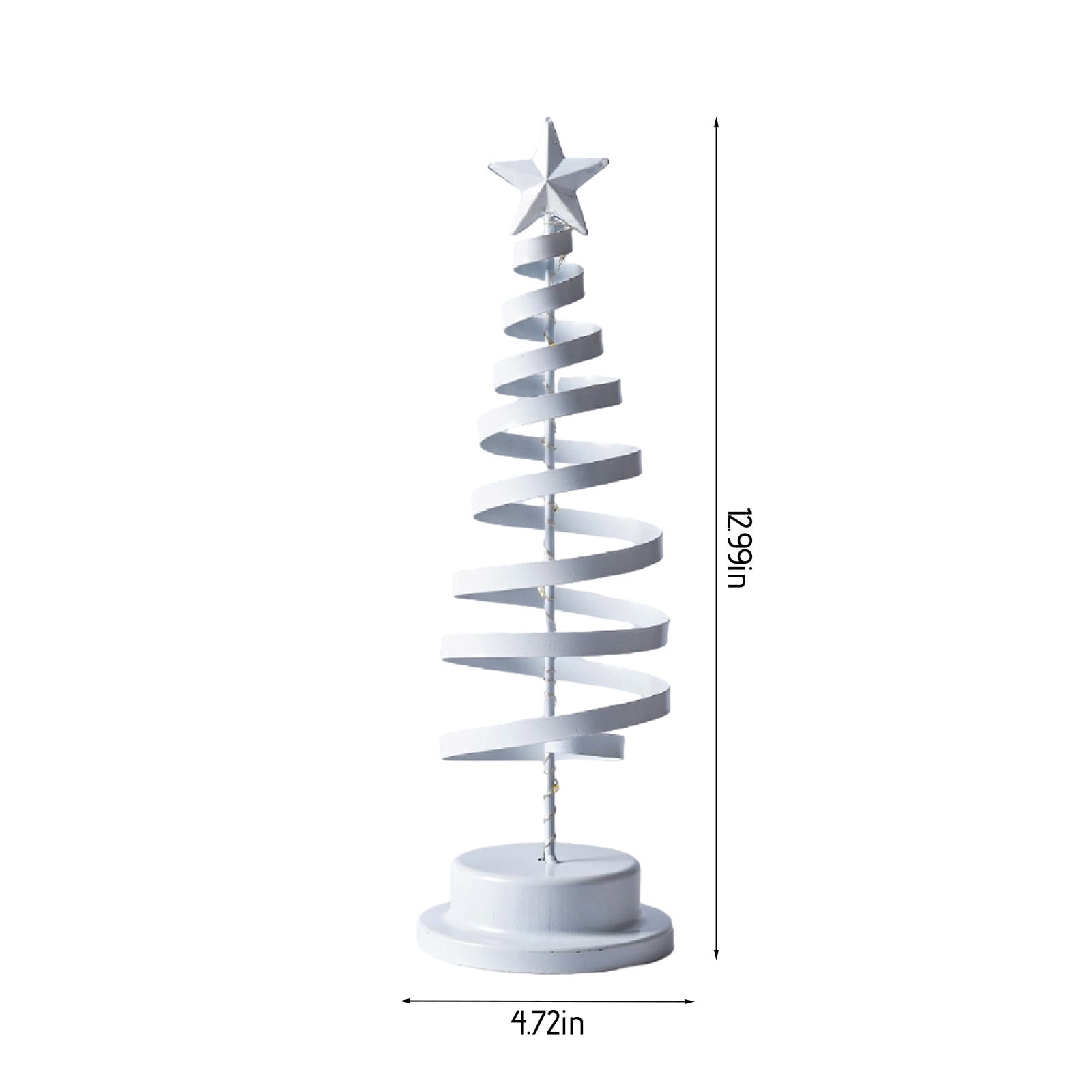 Eine weiße Weihnachtsbaumdekoration aus Metall. Es ist spiralförmig mit einem Stern oben. Die Abmessungen sind 12,99 Zoll x 4,72 Zoll.