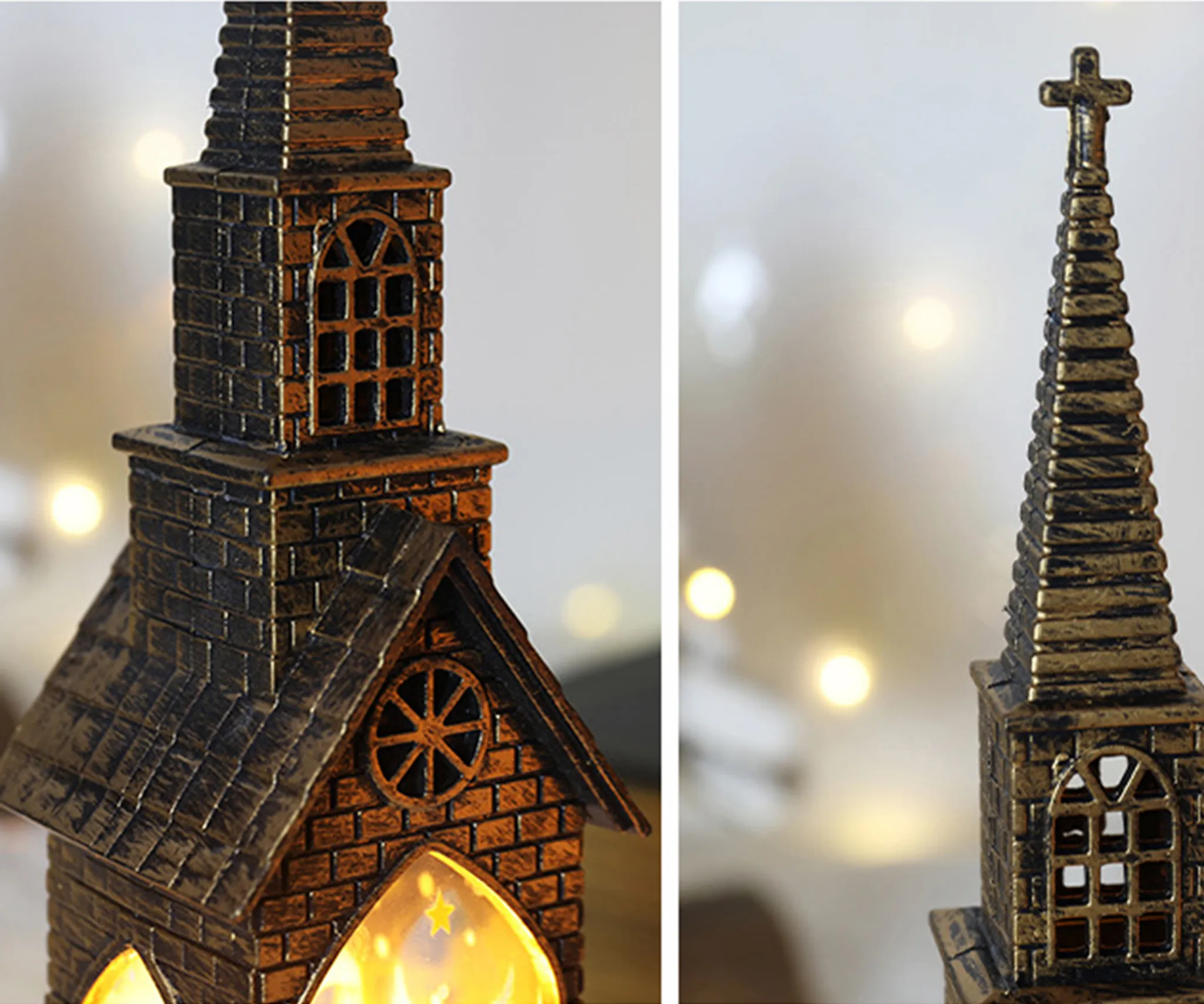 Dekorative Miniaturkirche mit Kreuz, ziegelähnliche Textur und warme Beleuchtung im Inneren.