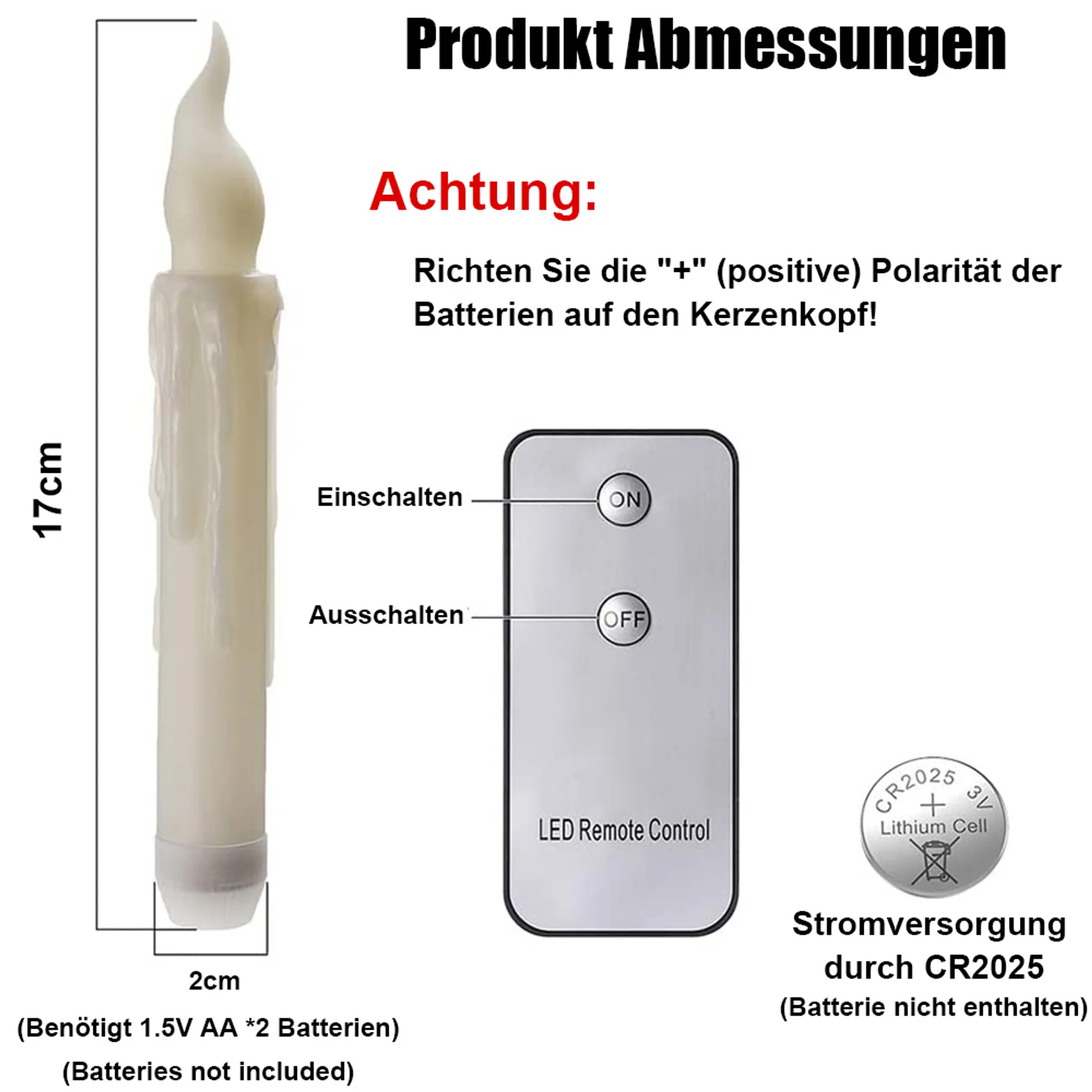 Das Bild zeigt eine Kerze mit Fernbedienung und Batterieangaben. Text erklärt die Batteriepolarität und Produktabmessungen.