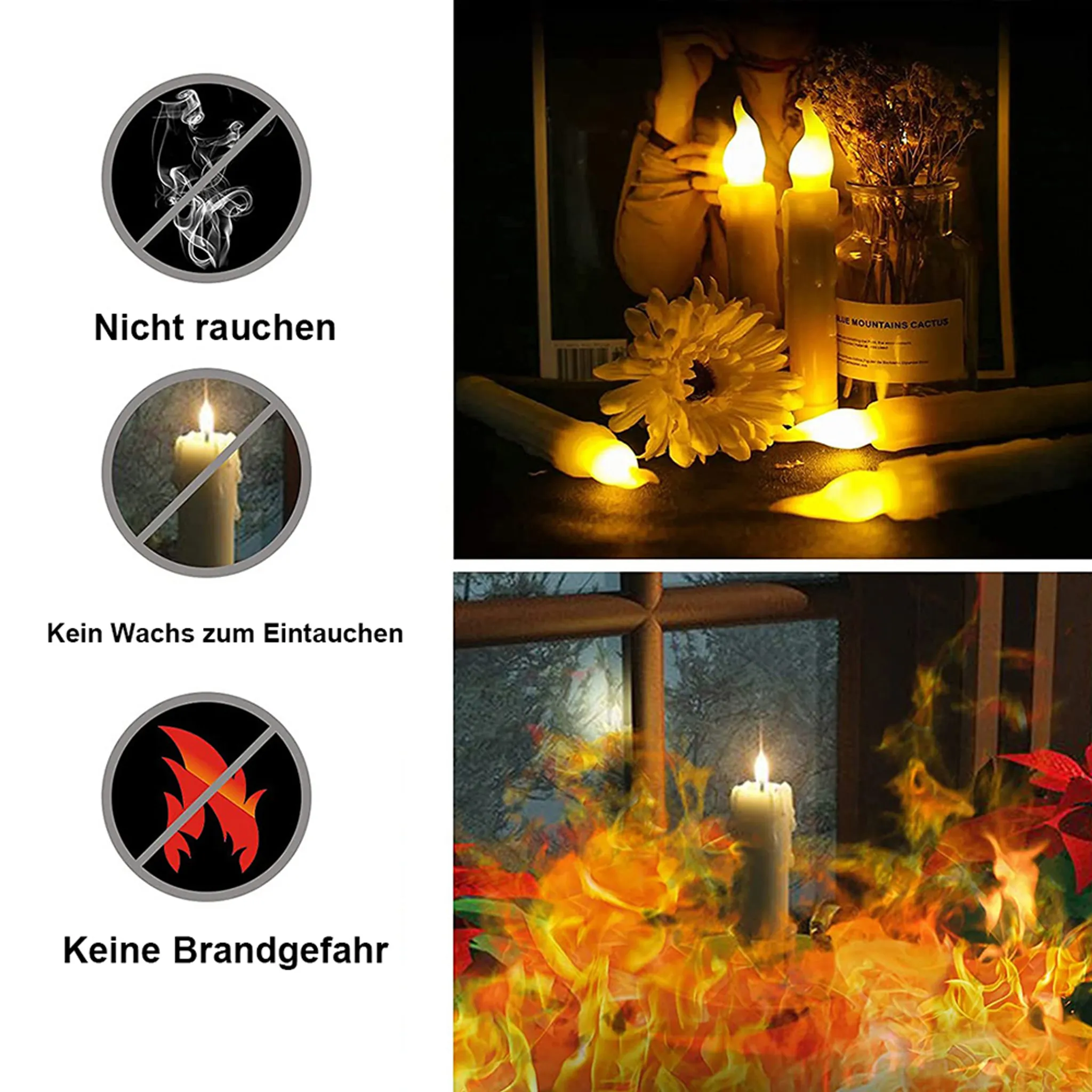 Das Bild zeigt Kerzen, eine Blume und ein Rauchverbotsschild. Flammen und Verbotsschilder deuten auf Sicherheitsmaßnahmen hin.