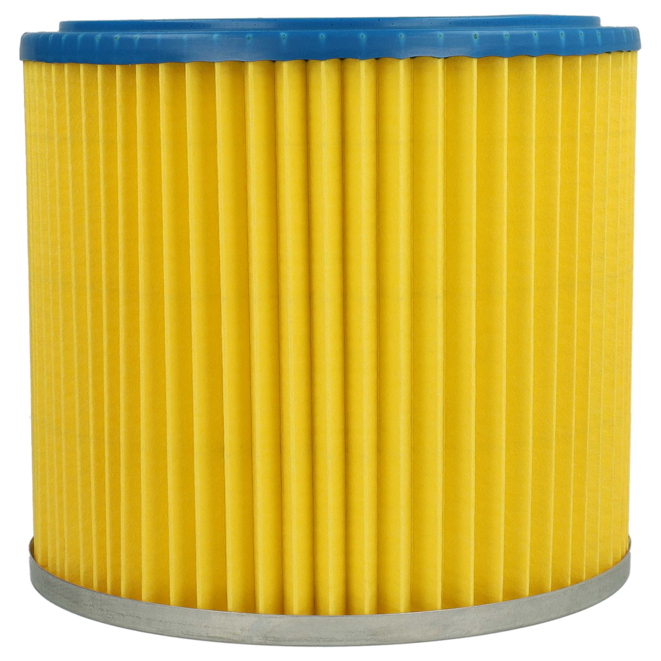 Ein gelber Luftfilter mit vertikalen Rippen, blauem Oberteil und silberner Basis auf weißem Hintergrund.