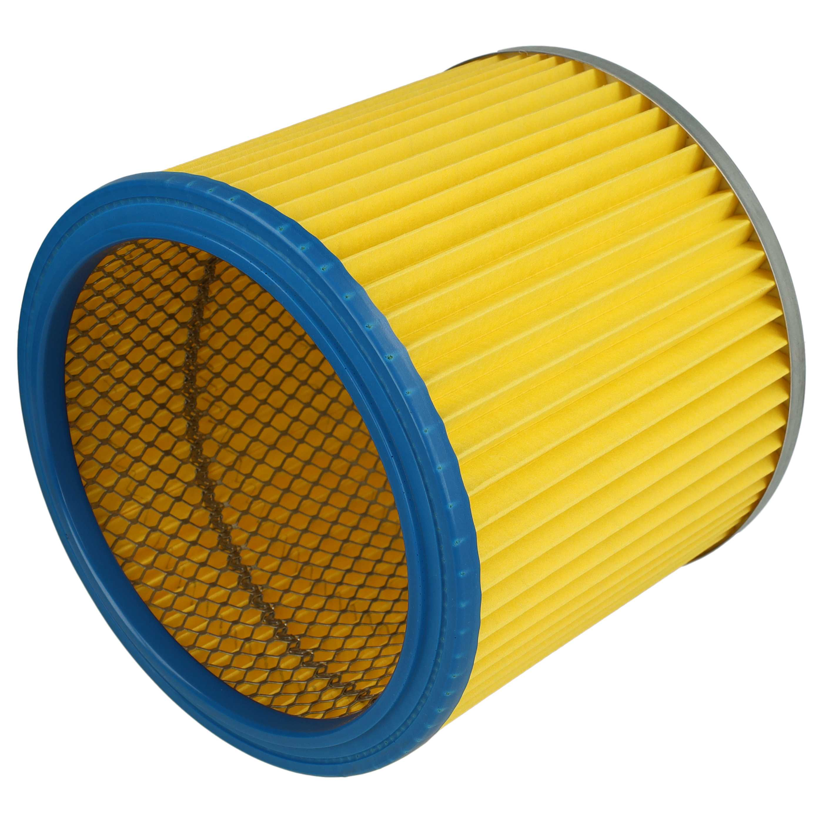 Ein zylindrischer Luftfilter mit gelbem, plissiertem Filter, blauem Rand und Metallgitter vor weißem Hintergrund.