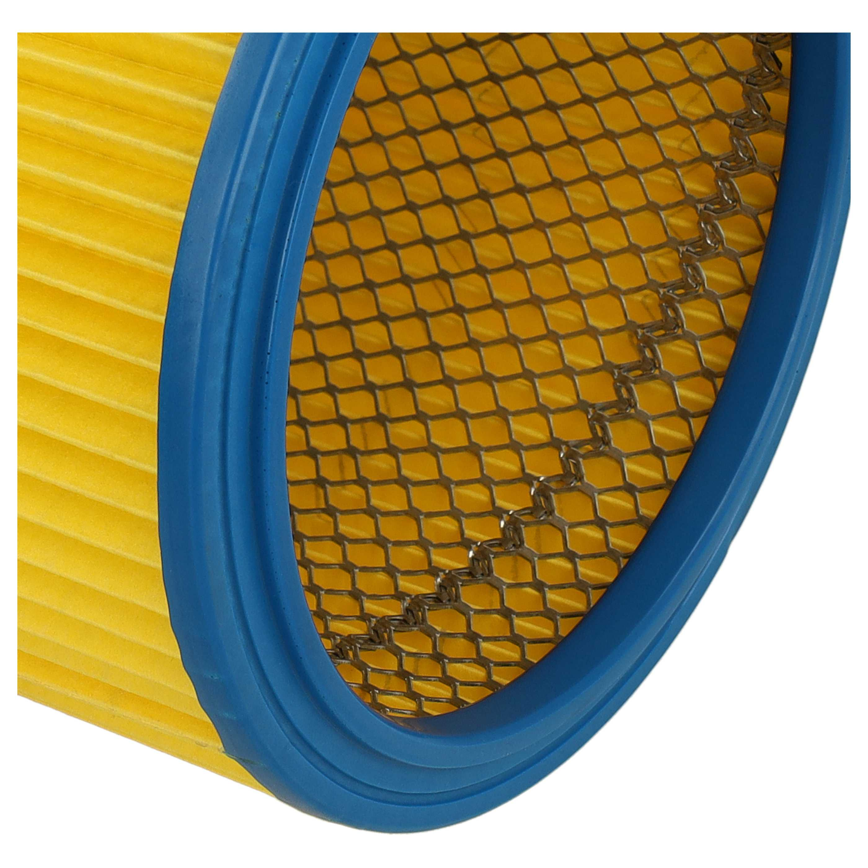 Nahaufnahme eines Luftfilters. Er hat einen gelben, plissierten Filter, einen blauen Rand und ein Metallgitter.
