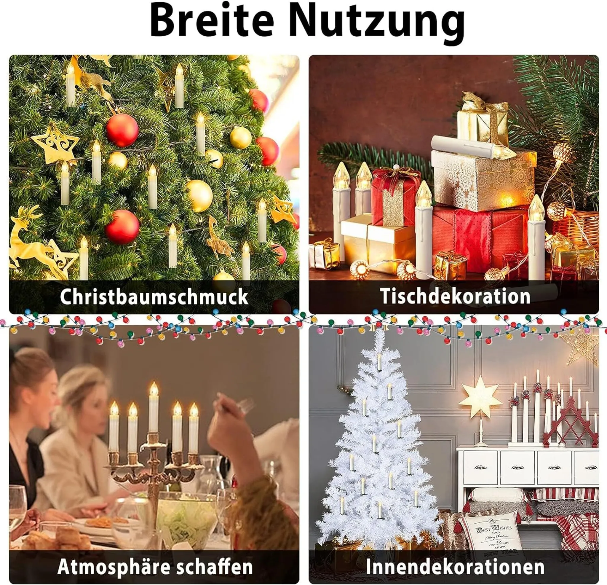 Das Bild zeigt 4 Szenen: Weihnachtsbaum mit Lichtern, Geschenke, Menschen mit Kerzen und weißer Weihnachtsbaum.