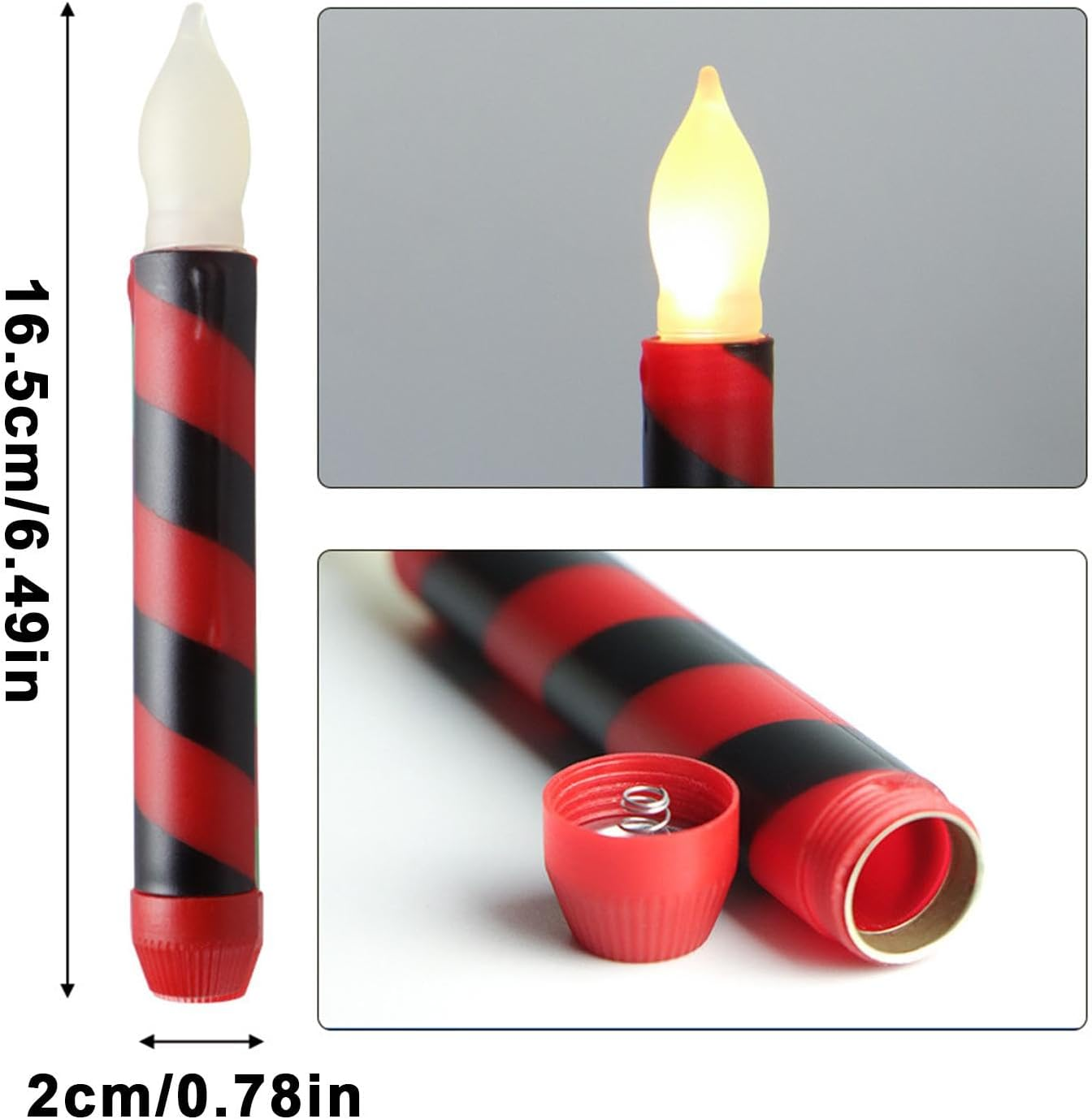 Nahaufnahme einer dekorativen LED-Kerze mit roten und schwarzen Streifen. Die Kerze ist 16,5 cm/6,49 Zoll hoch und 2 cm/0,78 Zoll breit.