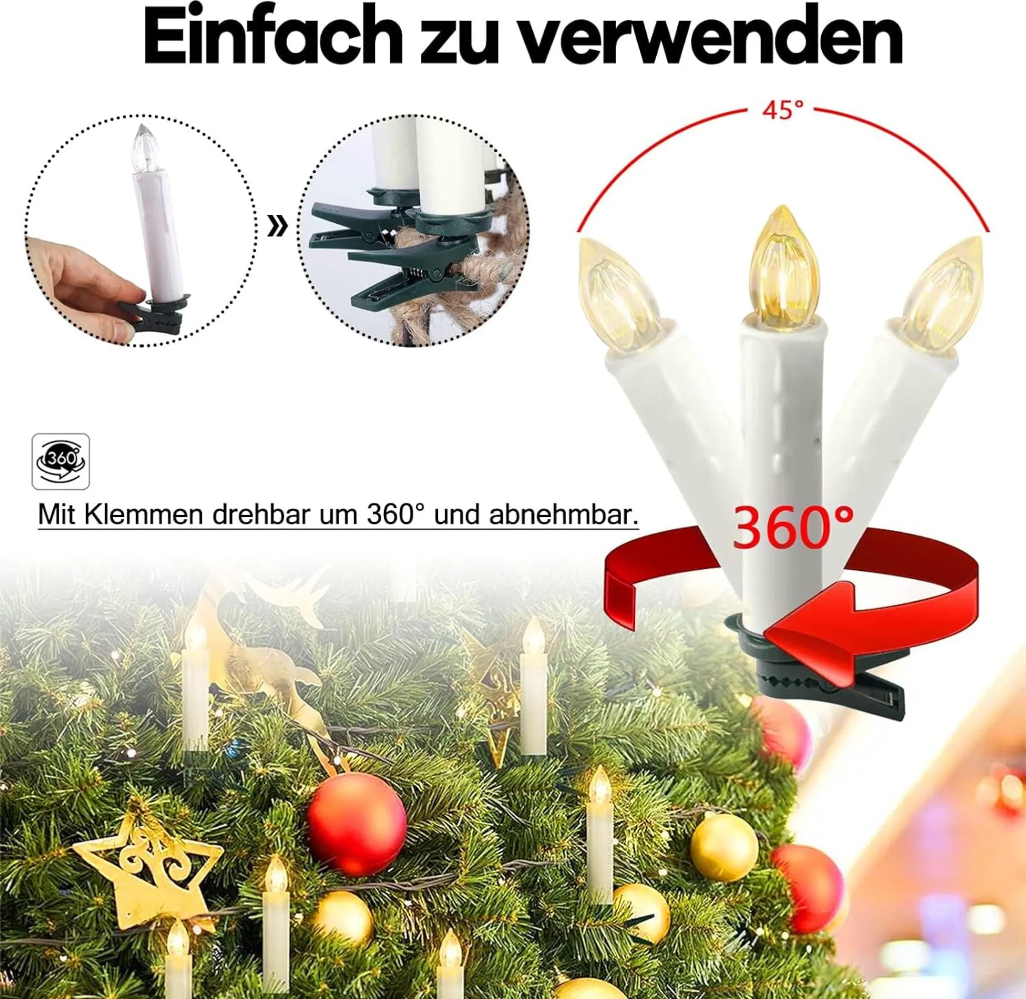 Das Bild zeigt einen Weihnachtsbaum mit Kerzenlichtern. Diagramme zeigen Kerzeneigenschaften und Drehung. Text sagt 'Einfach zu verwenden'.