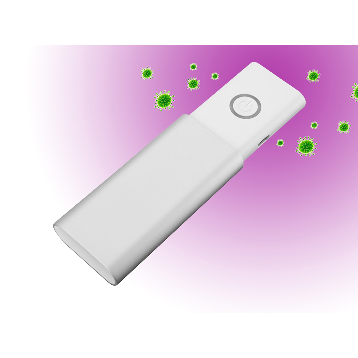 Un dispositivo rettangolare bianco con pulsante di accensione, all'interno di un astuccio. Particelle verdi di virus fluttuano su sfondo viola sfumato.